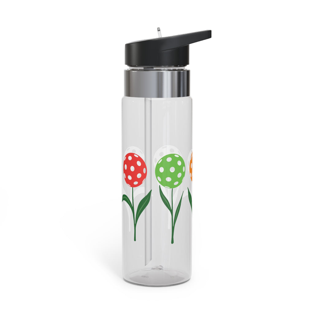 A clear water bottle with lid featuring colorful flowers made from pickleballs on green stems with leaves, against a white background