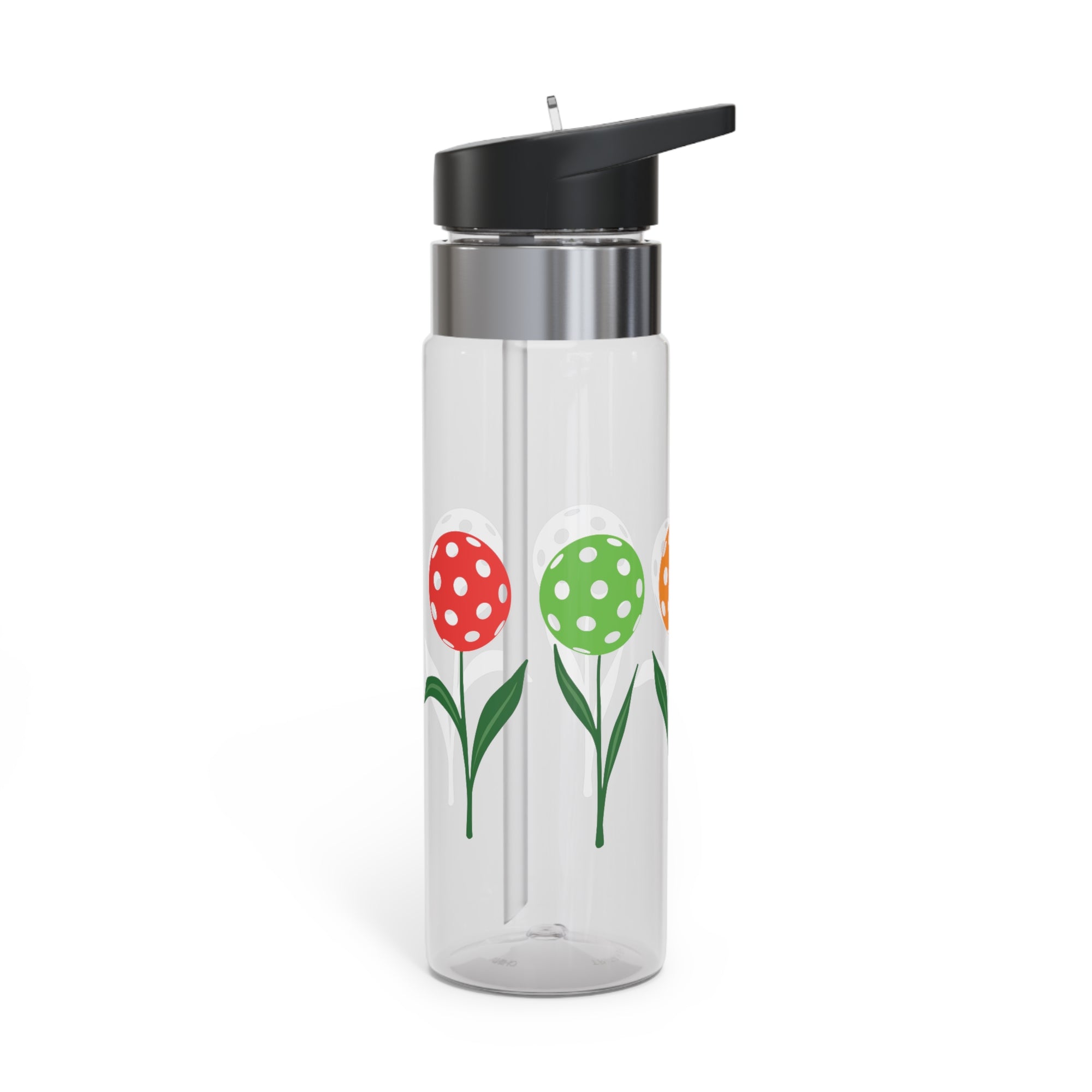 A clear water bottle with lid featuring colorful flowers made from pickleballs on green stems with leaves, against a white background
