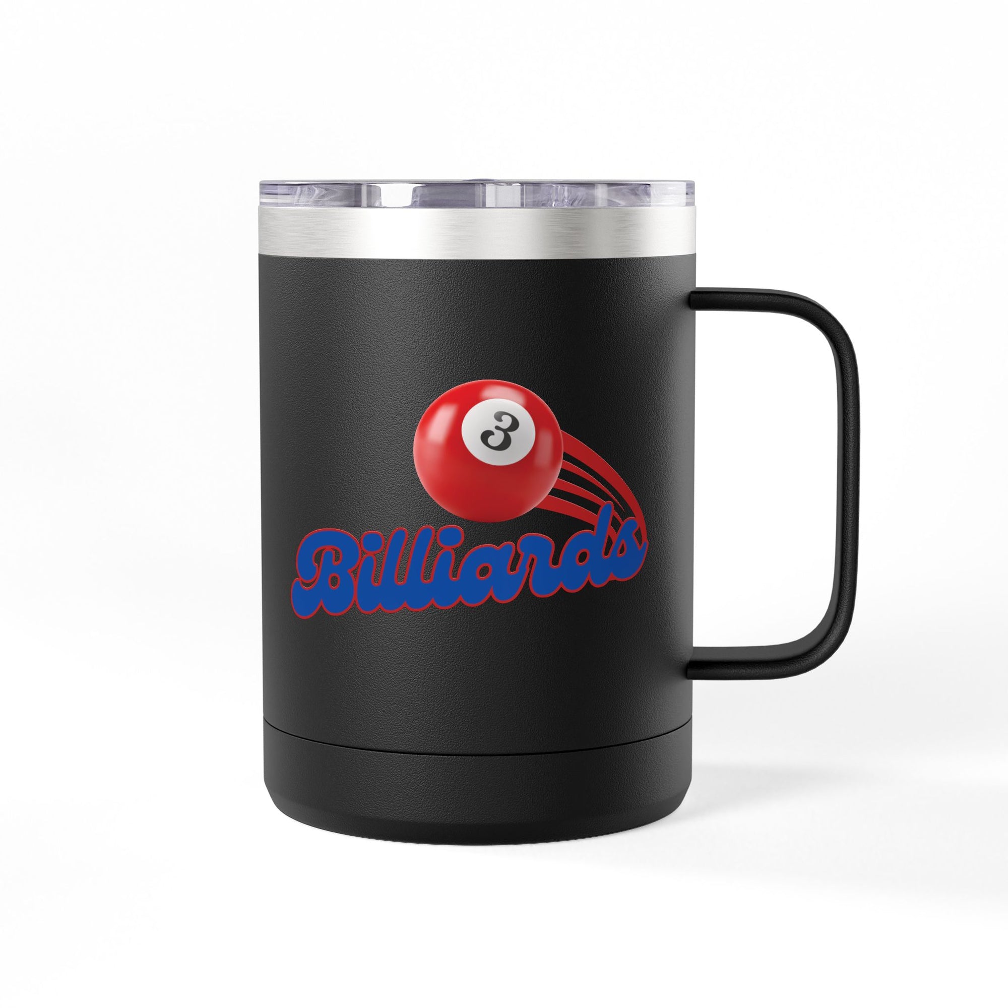 Black travel coffee mug tumbler with billiards ball and text that says "Billiards" against a white background