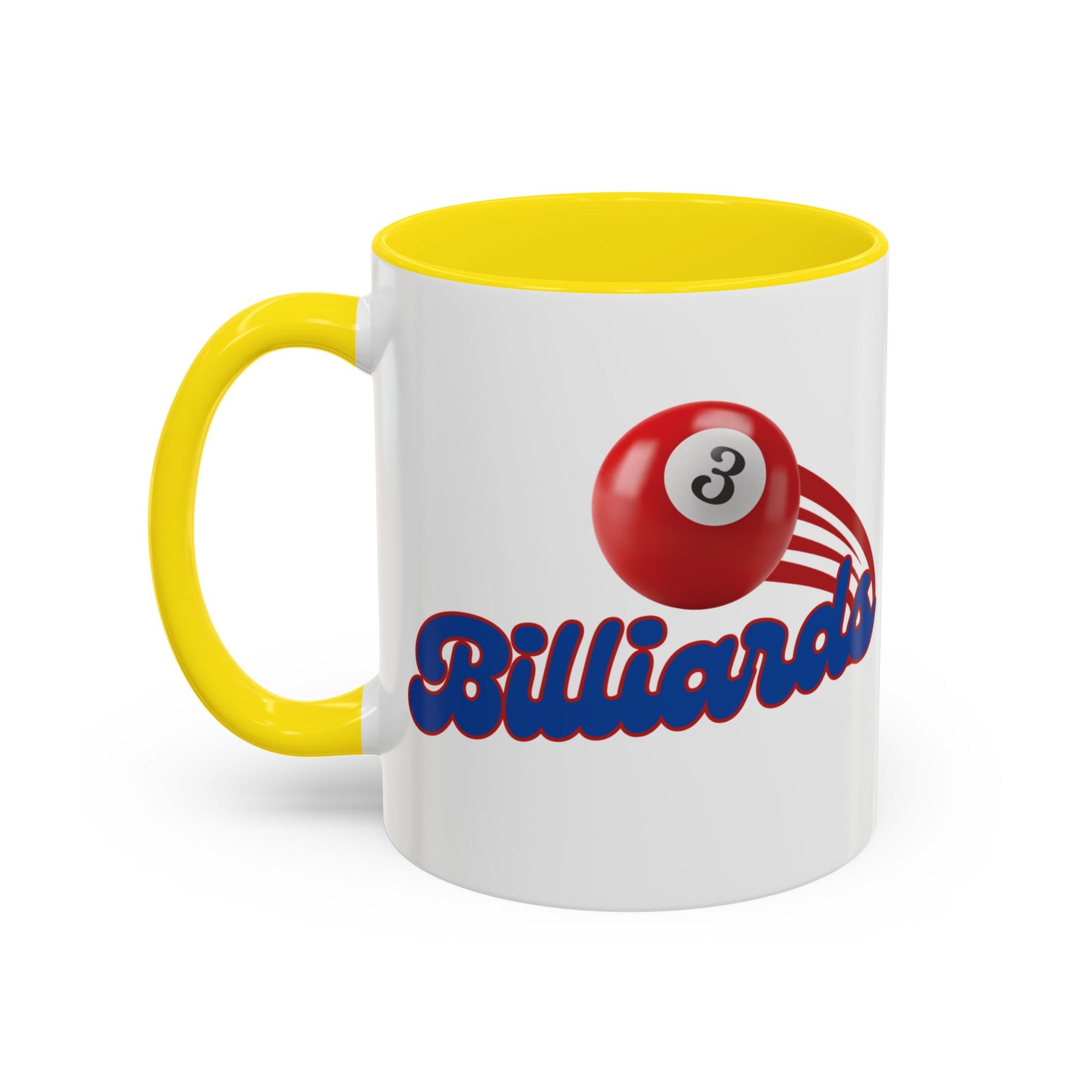 A white ceramic coffee mug with yellow accents on the handle and interior, with billiards ball and text that says "Billiards" against a white background 