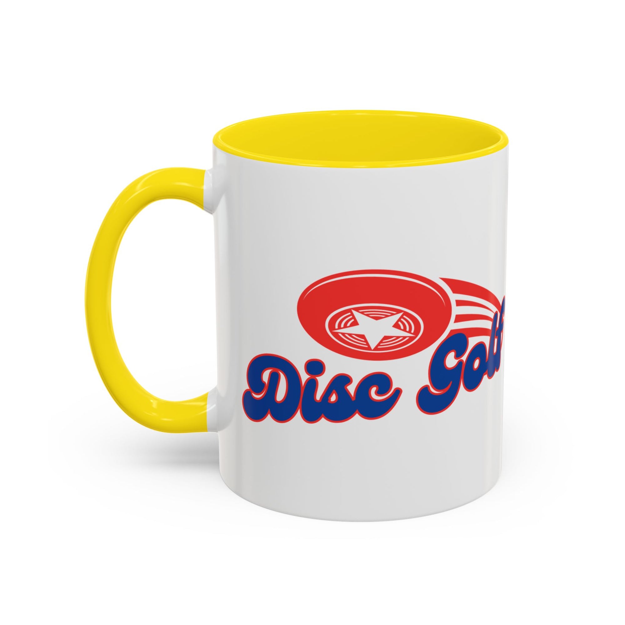 A ceramic coffee mug with yellow accents on the handle and interior, with 'Disc Golf' in a blue script text outlined in red and disc golf with motion trails, against a white background