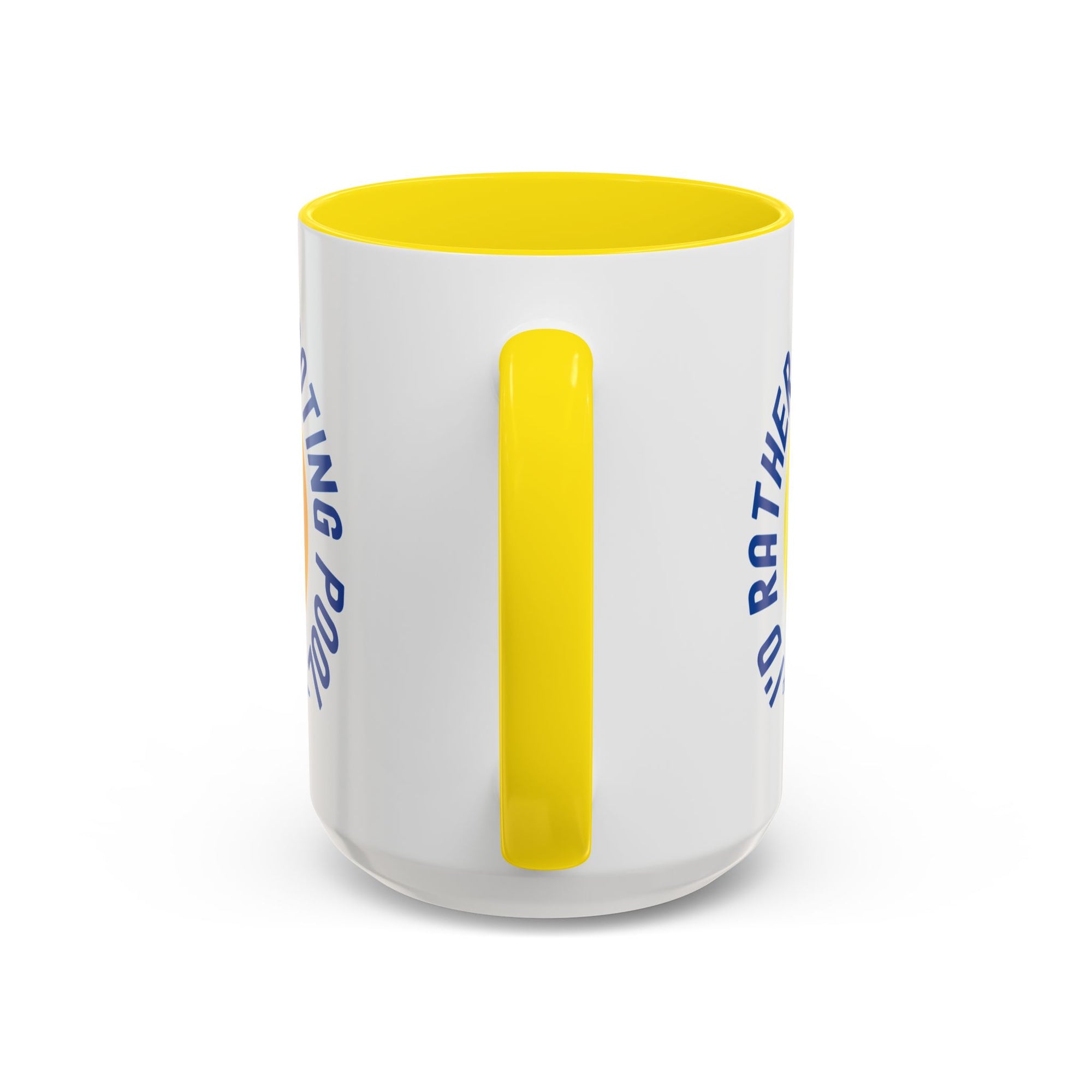 Back side of a ceramic coffee mug with yellow accents on the handle and interior, with a yellow billiards ball and cue stick graphic and the text "I'd Rather Be Shooting Pool" on a white background