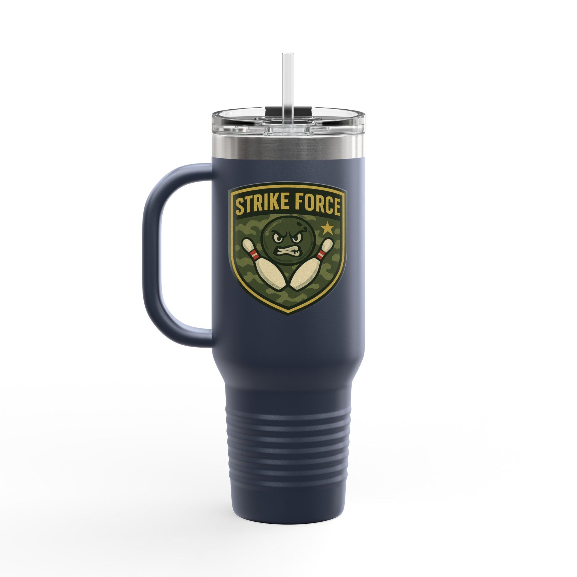 Dark blue 40oz travel mug with lid and straw, with bowling 'Strike Force' military-style patch on a white background