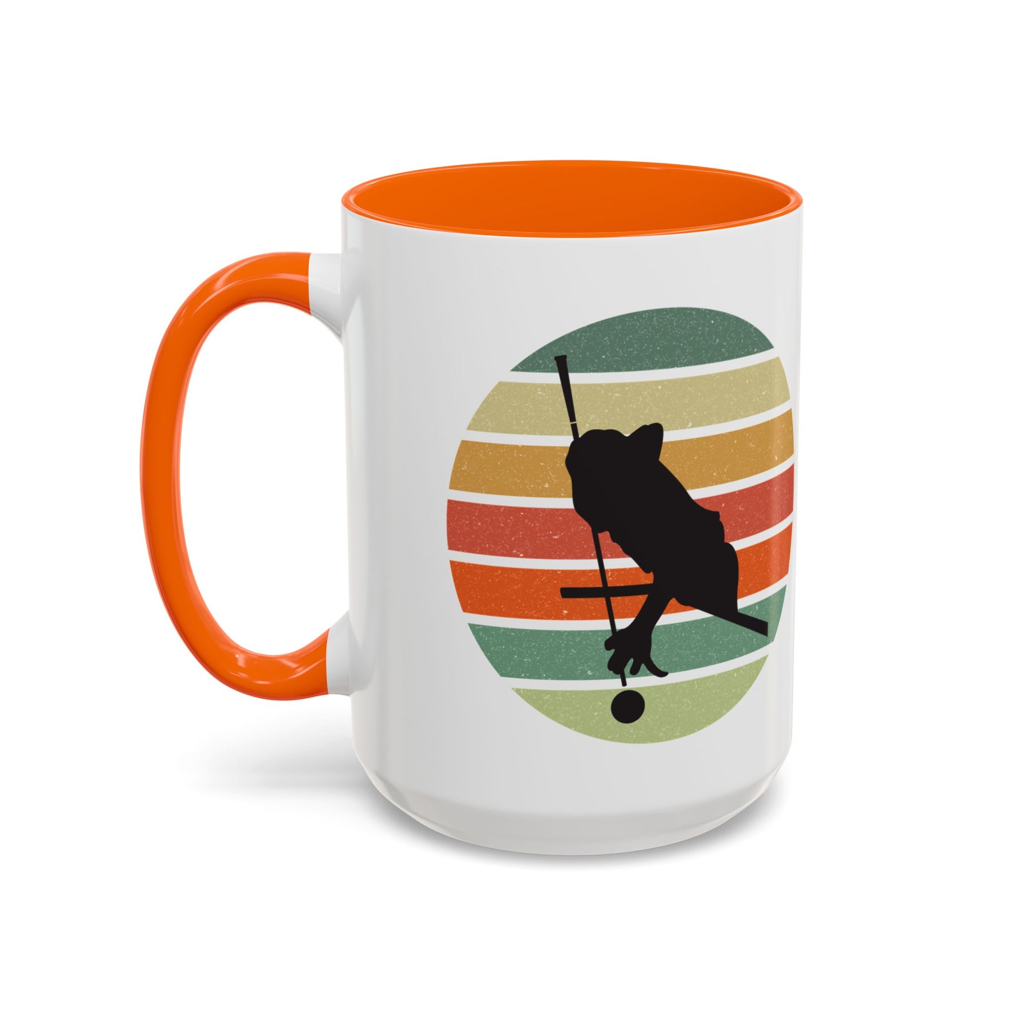 Mug with orange accents and a graphic of a billiards player silhouette over a colorful retro design on a white background.