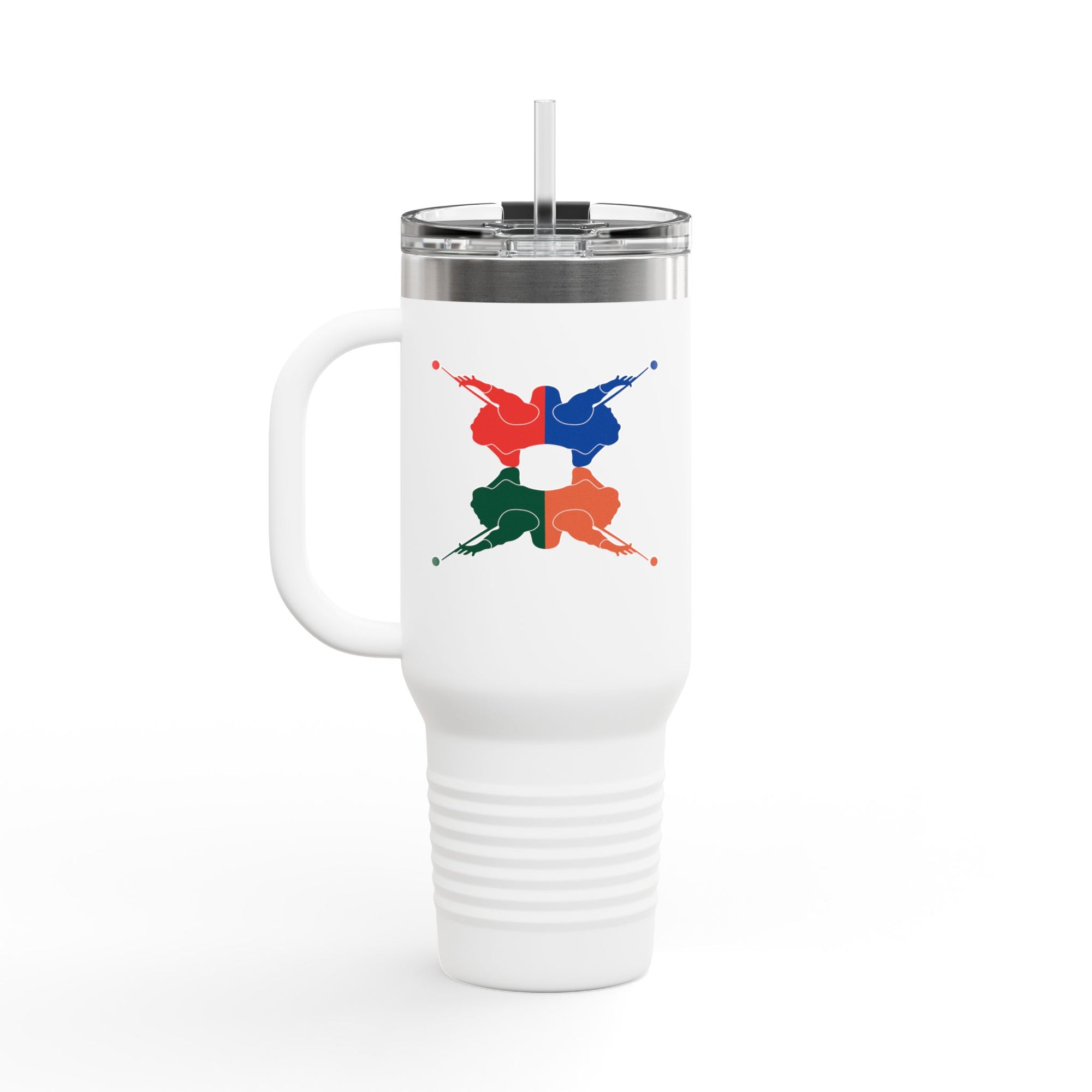 A white 40oz travel mug with lid and straw, with colorful graphic of 4 billiards player silhouettes in a pop art style, against a white background