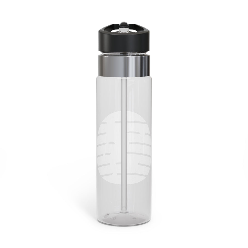 Back view of a clear water bottle with a black lid featuring a silhouette of a bowler over an colorful retro image, on a white background.
