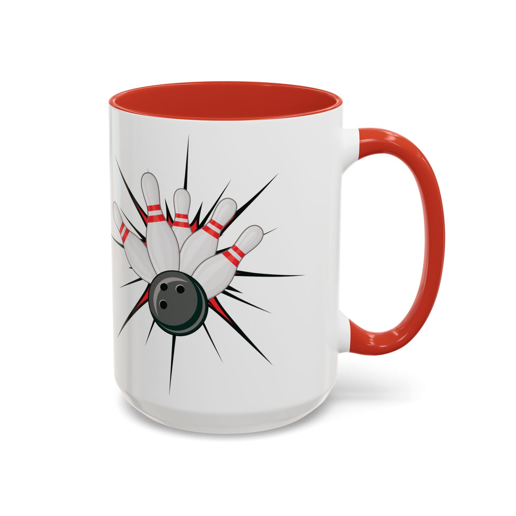 A white ceramic coffee mug with red accents on the handle and interior, with a graphic design of a bowling ball smashing into pins on a white background