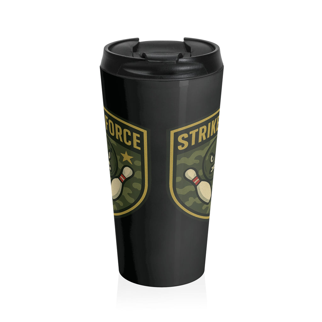 Black travel mug with a black lid, with bowling 'Strike Force' military-style patch on a white background
