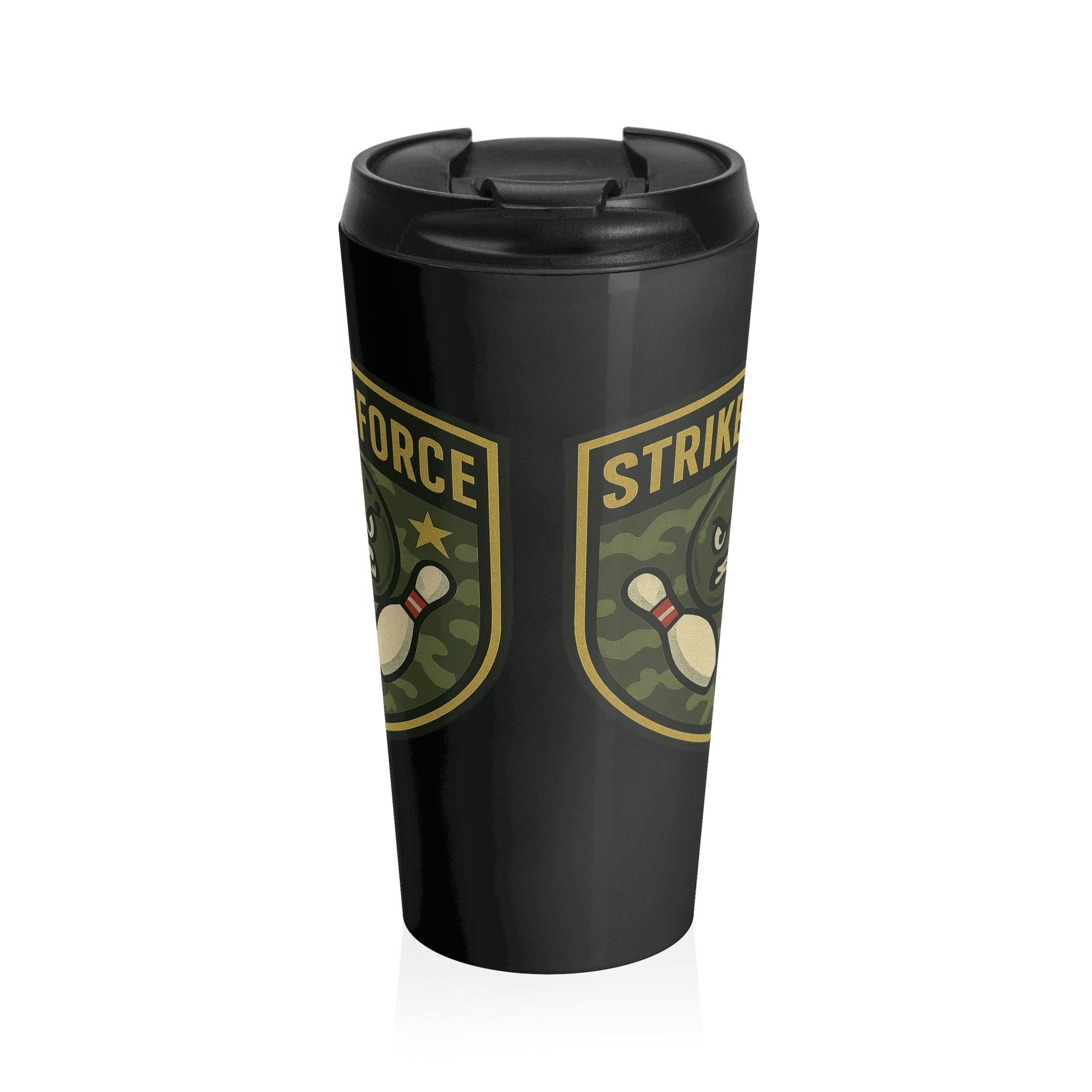 Black travel mug with a black lid, with bowling 'Strike Force' military-style patch on a white background