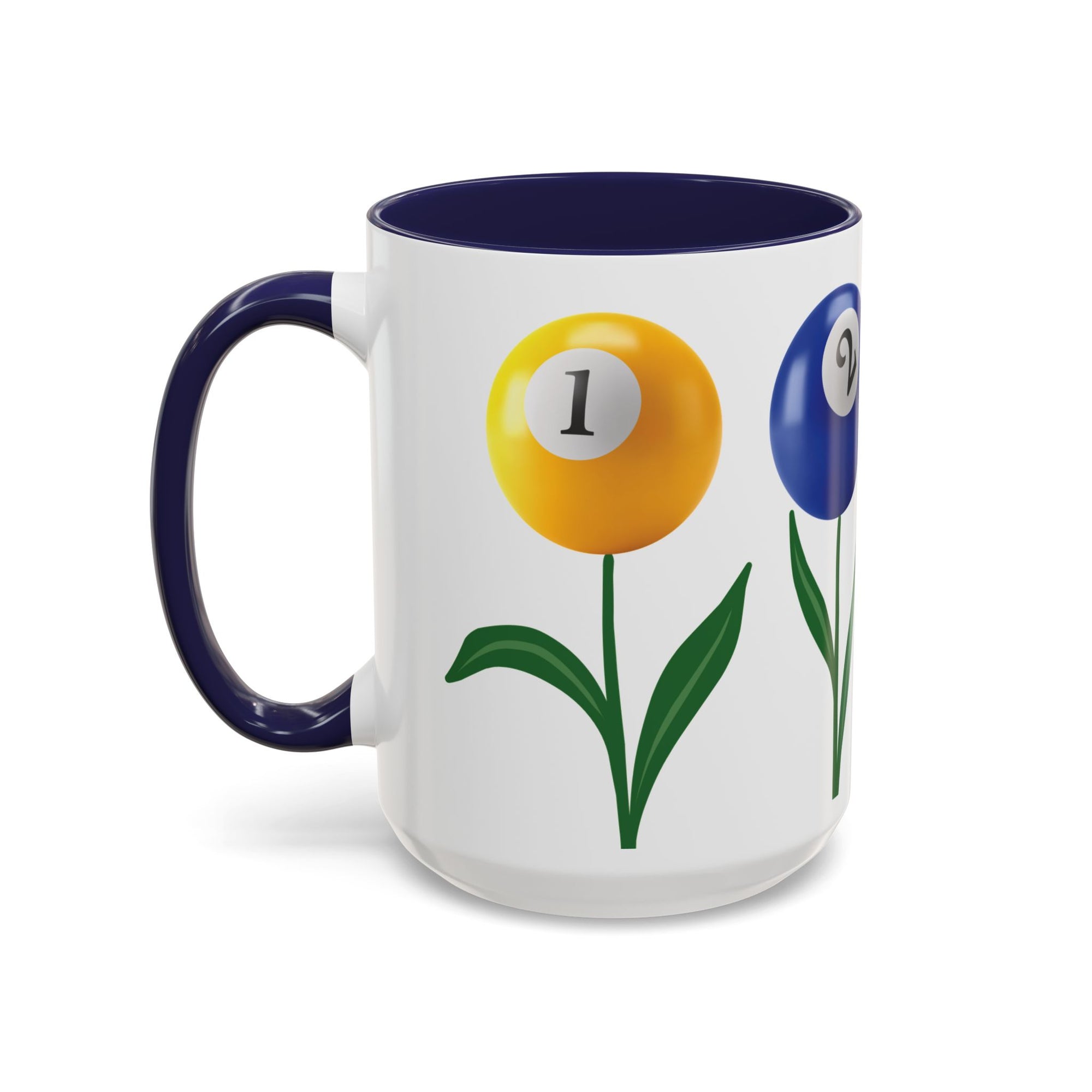 A white ceramic coffee mug with dark blue accents on the handle and interior, with four colorful flowers made out of billiards balls with green stems, on a white background