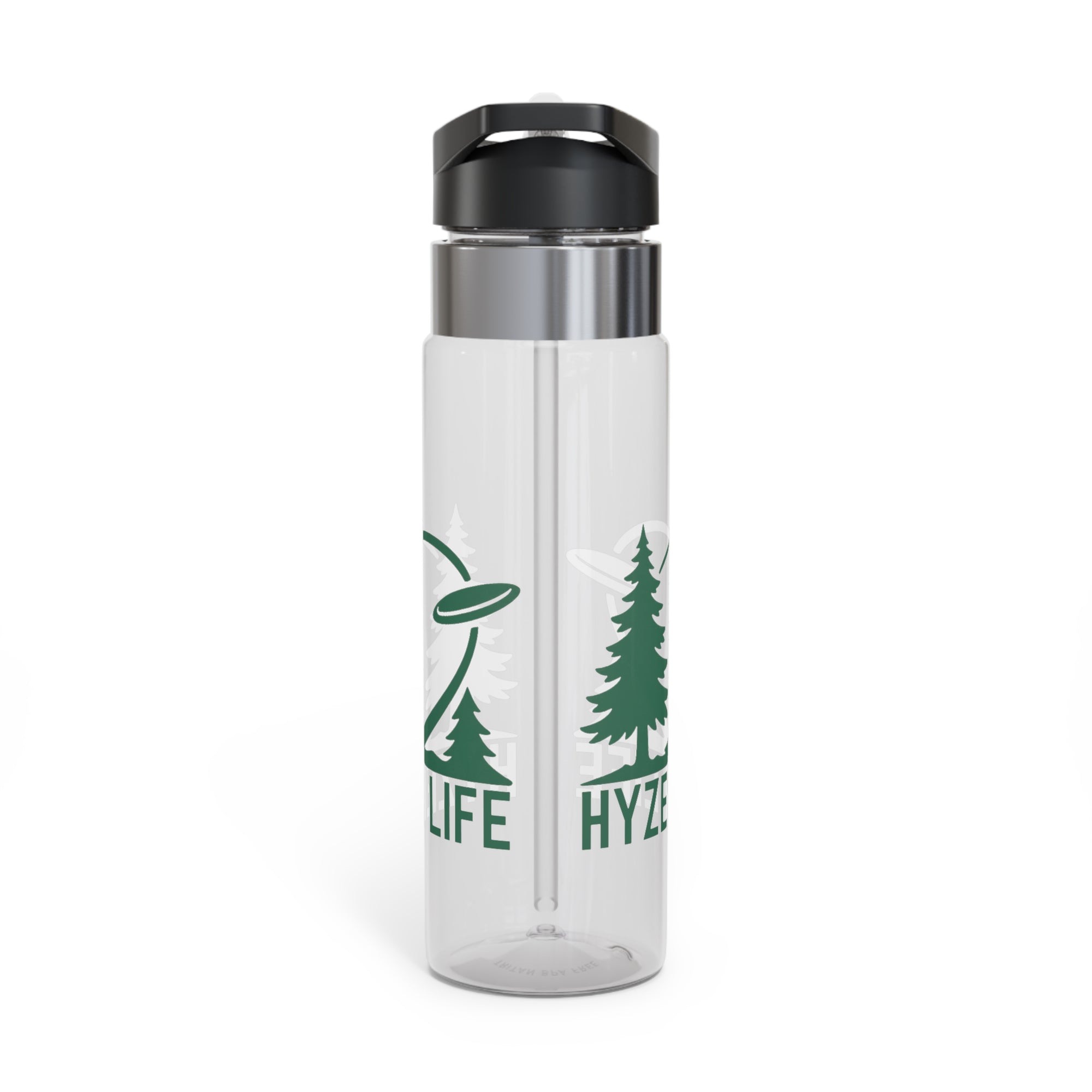Clear water bottle with lid with green graphic of trees and a disc golf flying with the words 'HYZER LIFE' below the image, on a white background.