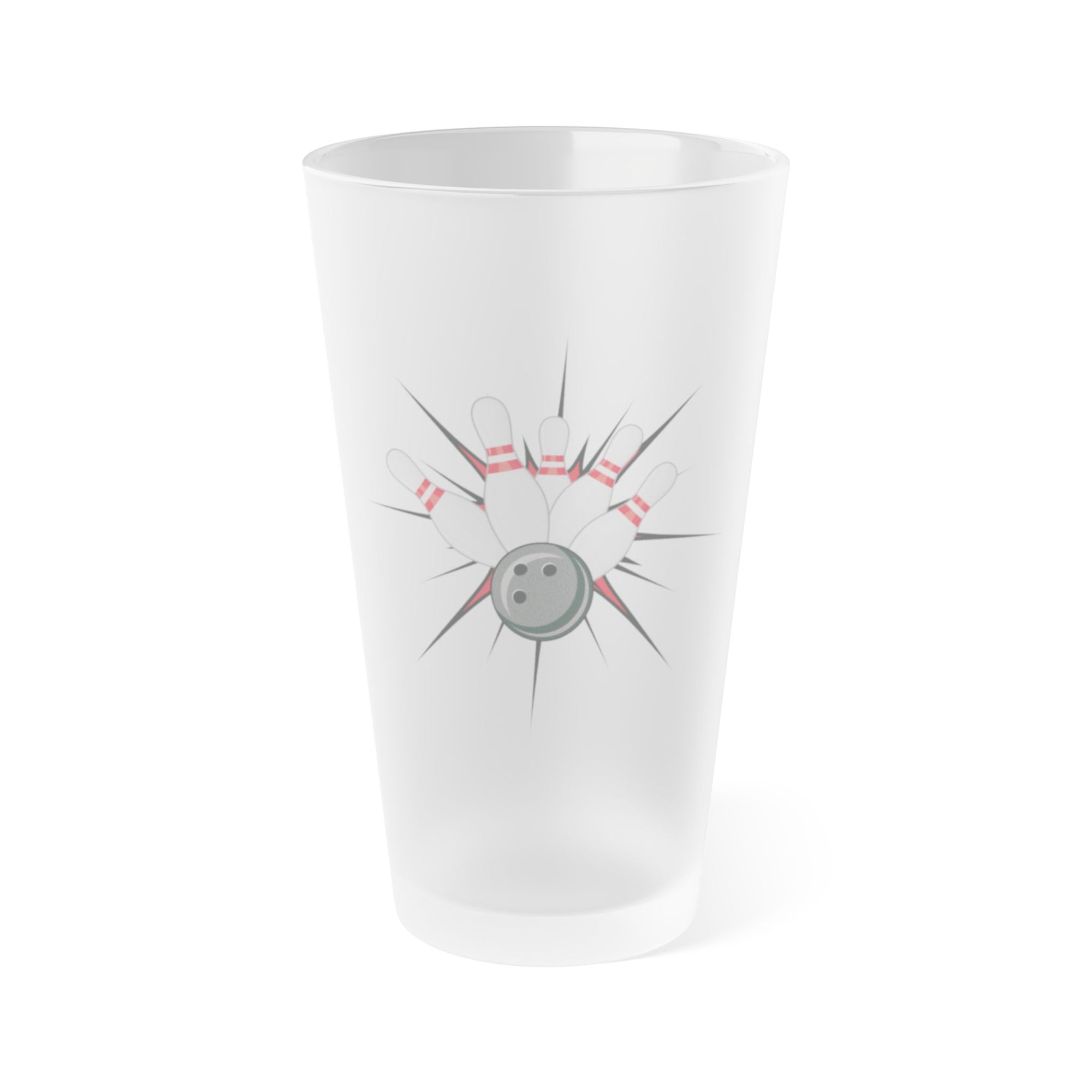 A frosted pint glass with a graphic design of a bowling ball smashing into pins on a white background