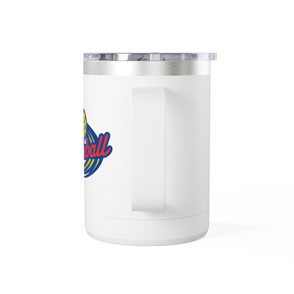 The back side of a white travel coffee mug tumbler with a lid and handle, with a classic pickleball logo featuring the word pickleball and a yellow pickleball with motion lines, against a white background