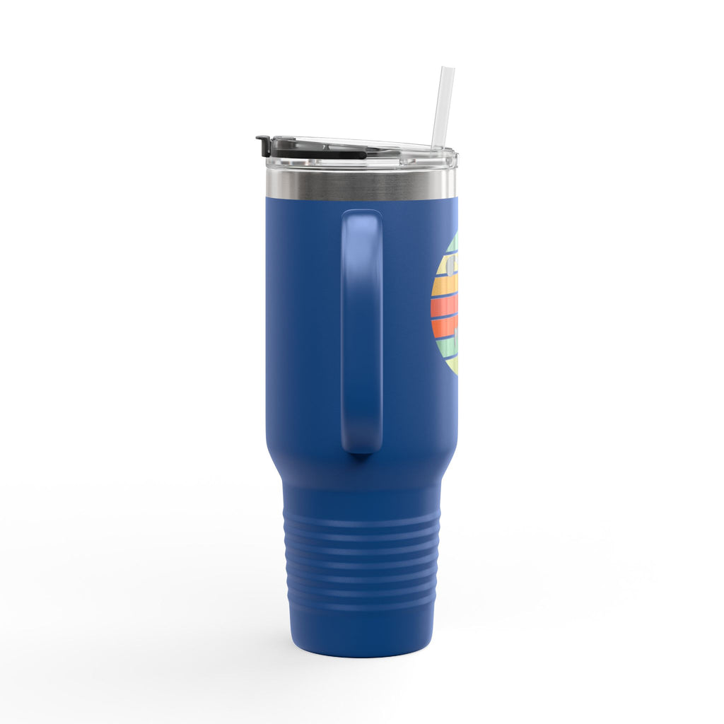 Side view of a blue travel mug with a silhouette of a bowler over an colorful retro image, on a white background.