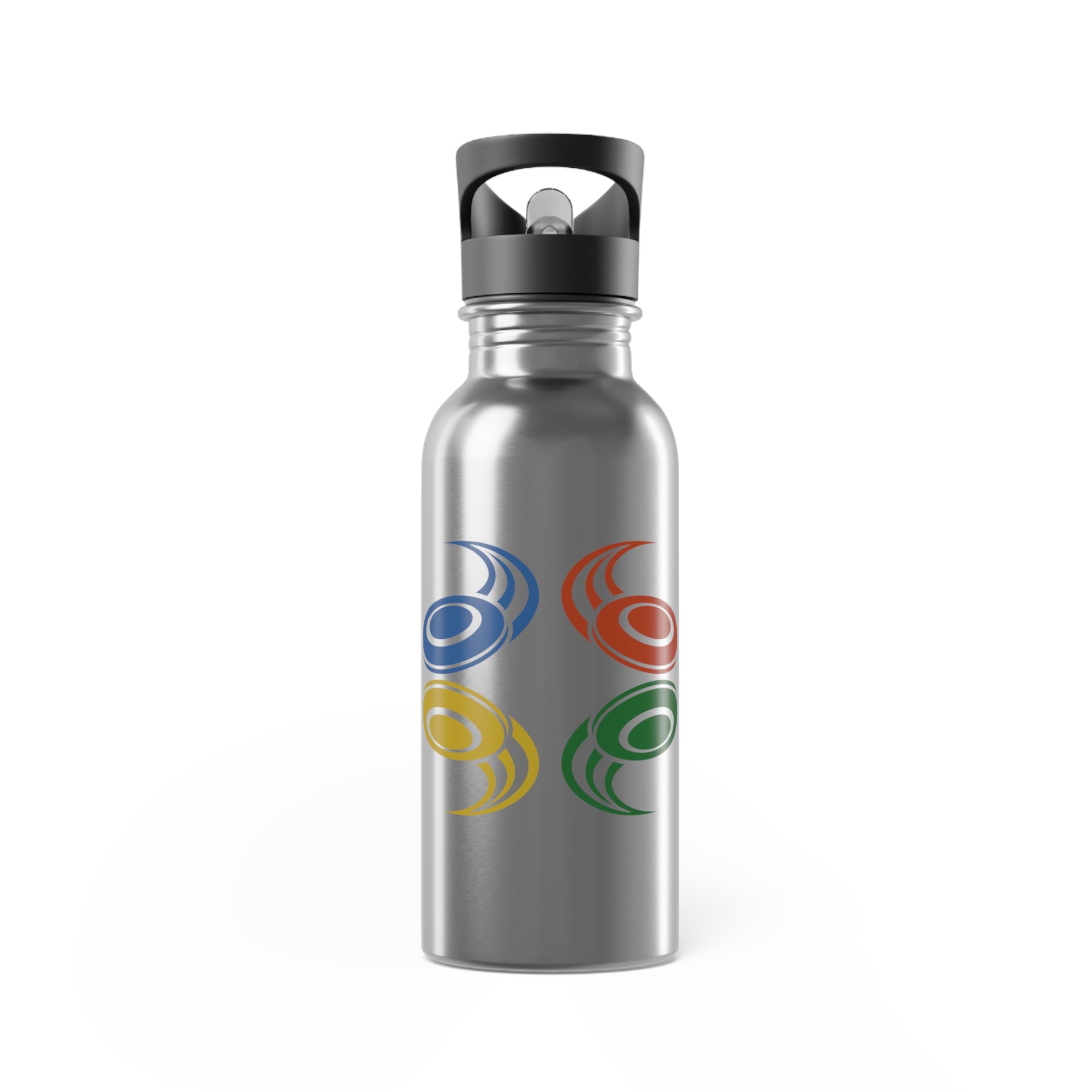 A stainless steel water bottle with lid featuring a colorful graphic of flying disc golf discs, against a white background