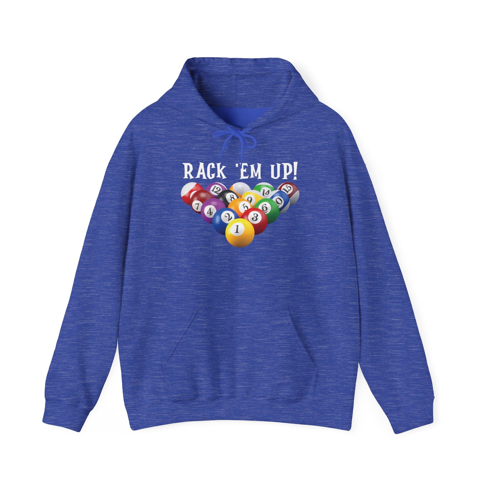 Blue hoodie with racked pool ball design and 'Rack 'Em Up!' text, against a white background