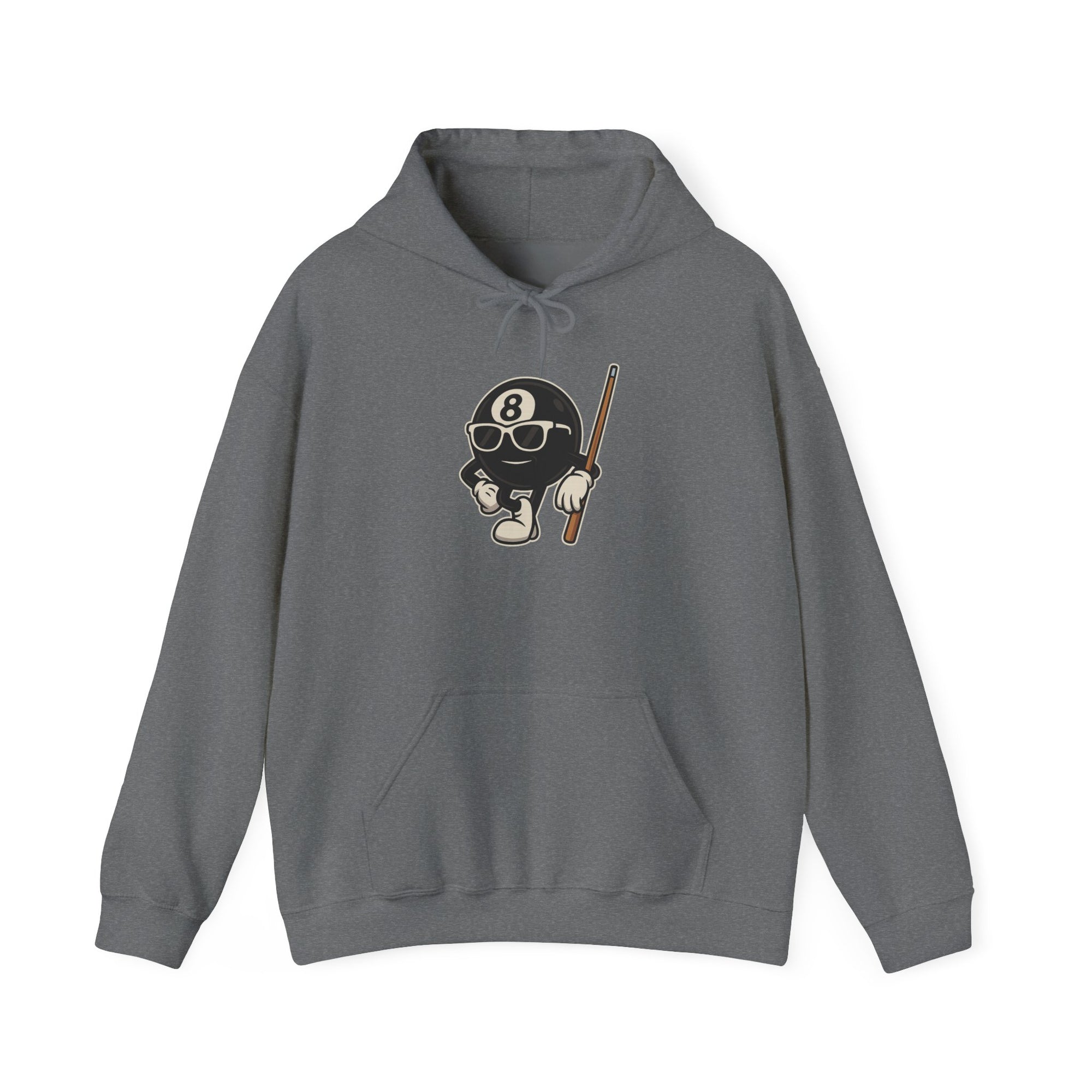 Gray hoodie with a graphic of a cartoon billiards 8 ball with arms and legs and wearing sunglasses and leaning on a cue stick, on a white background
