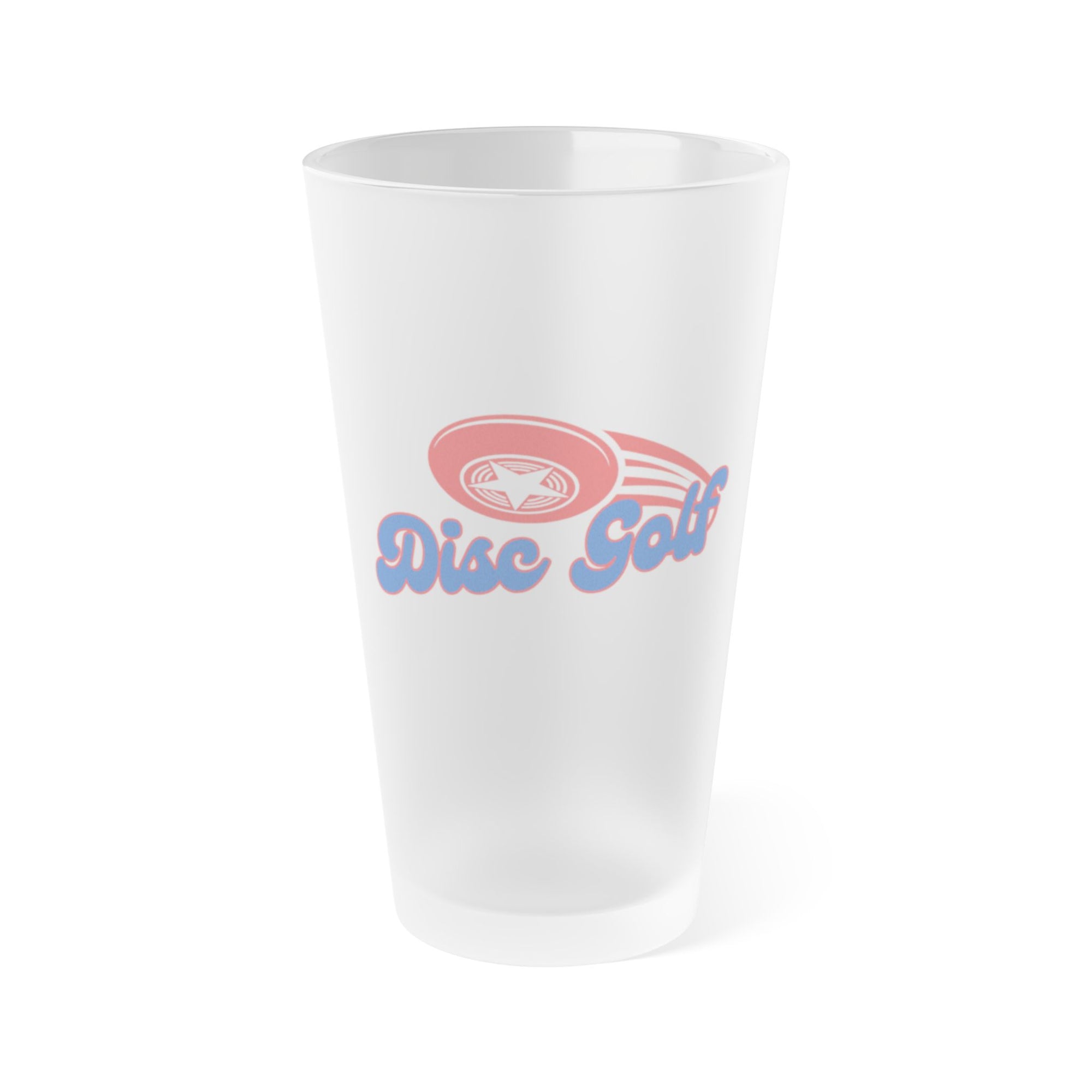 A frosted pint glass with "Disc Golf" in script font with a disc golf disc above it with motion trails, on a white background