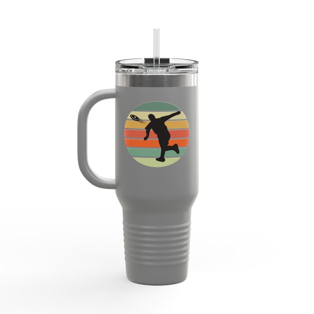 Gray 40oz stainless steel tumbler with handle, lid, and straw, with an image of a silhouette of a person playing disc golf over an colorful retro graphic, on a white background.