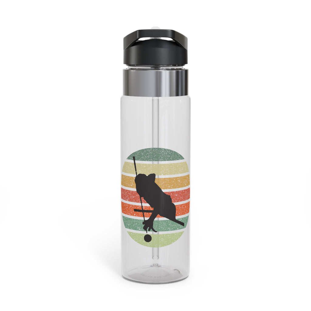 Clear water bottle with a black cap featuring a design of a billiards player silhouette against a colorful retro image, on a white background.