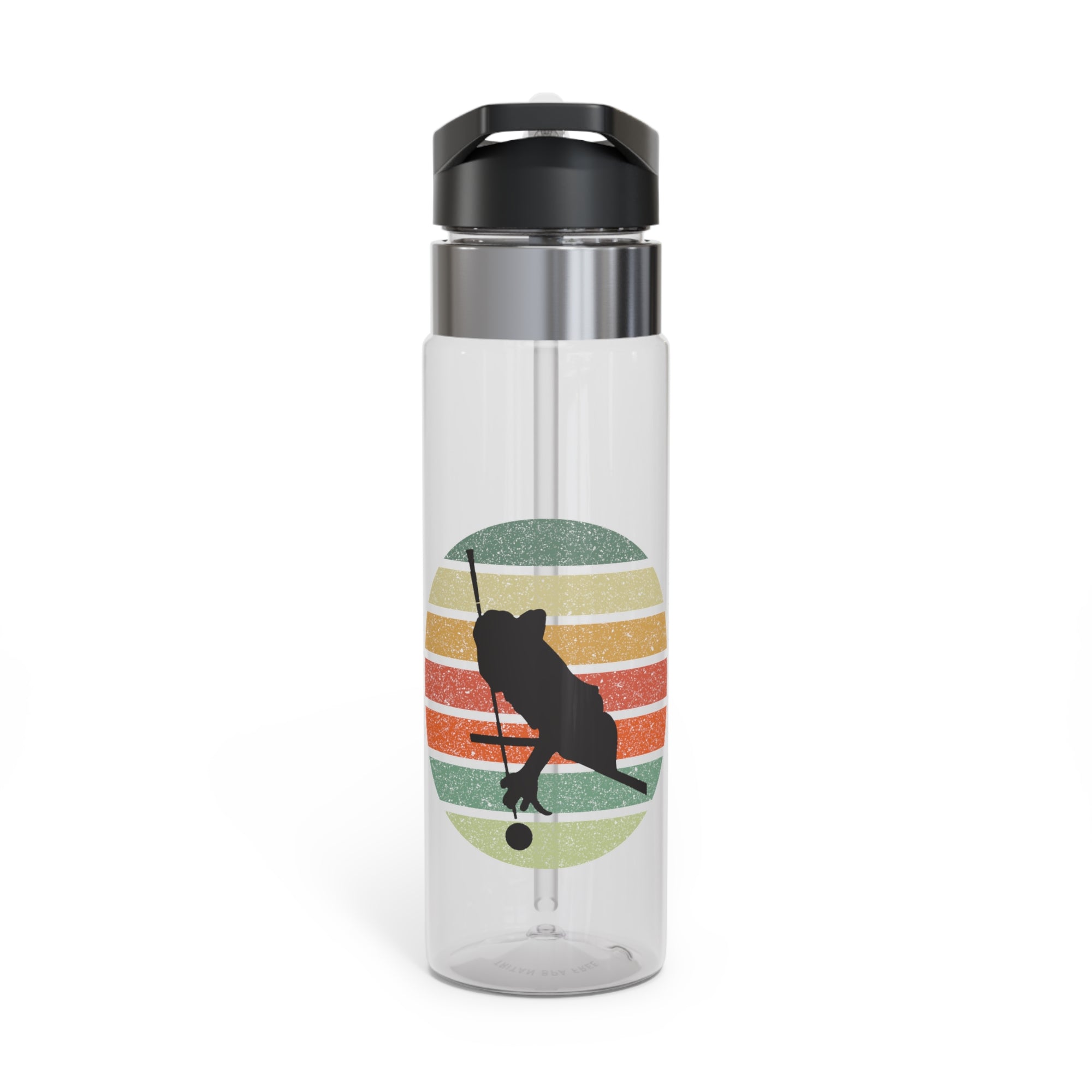 Clear water bottle with a black cap featuring a design of a billiards player silhouette against a colorful retro image, on a white background.
