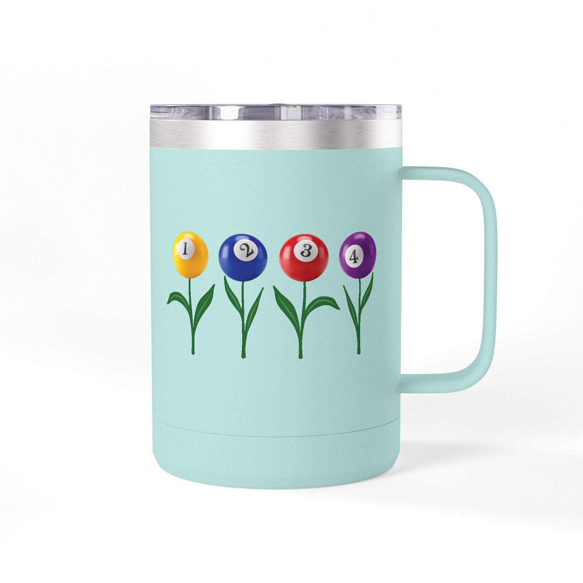 A teal travel coffee tumbler mug with handle and lid, with four colorful flowers made out of billiards balls with green stems, on a white background