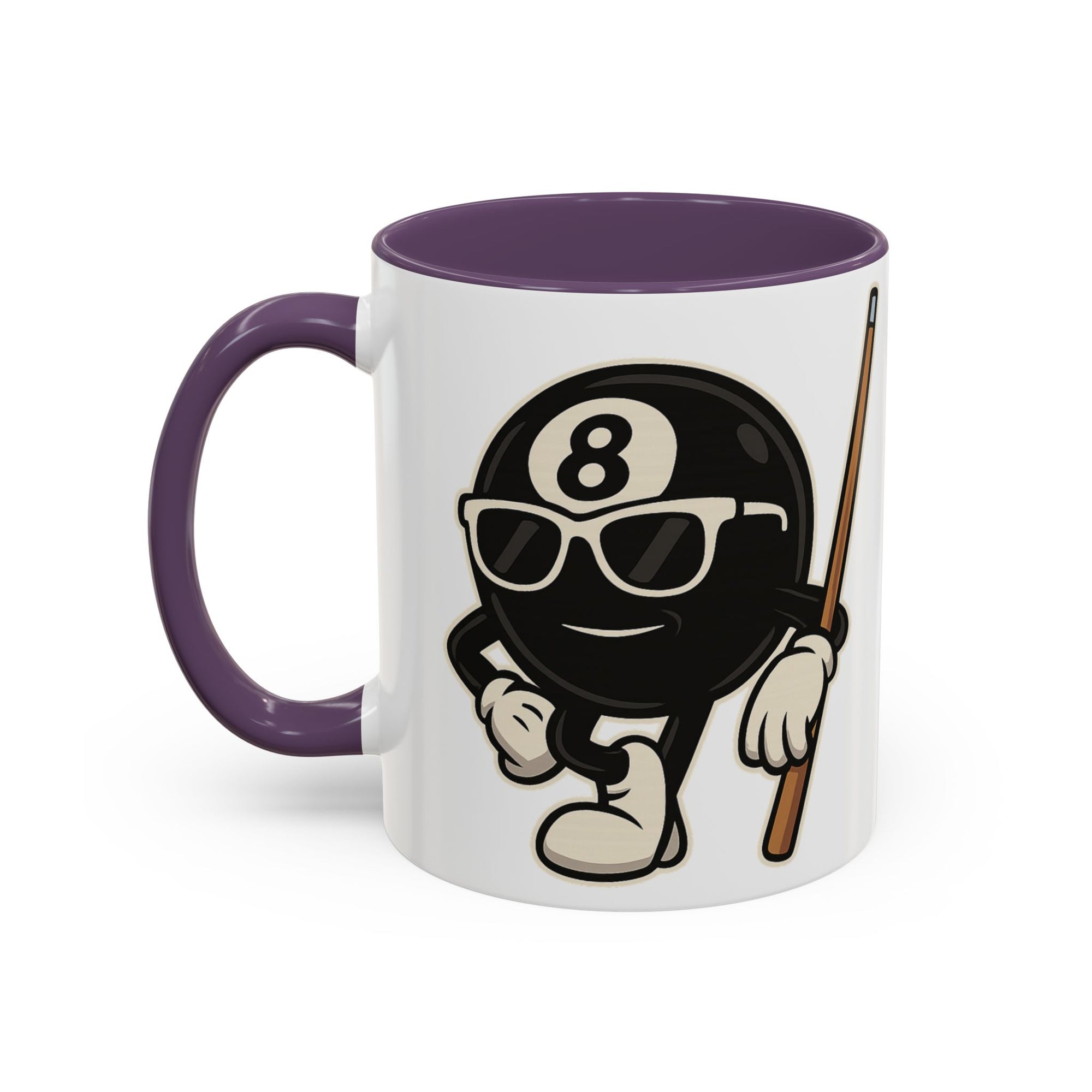 A white ceramic coffee mug with purple accents on the handle and interior, with a graphic of a cartoon billiards 8 ball with arms and legs and wearing sunglasses and leaning on a cue stick, on a white background