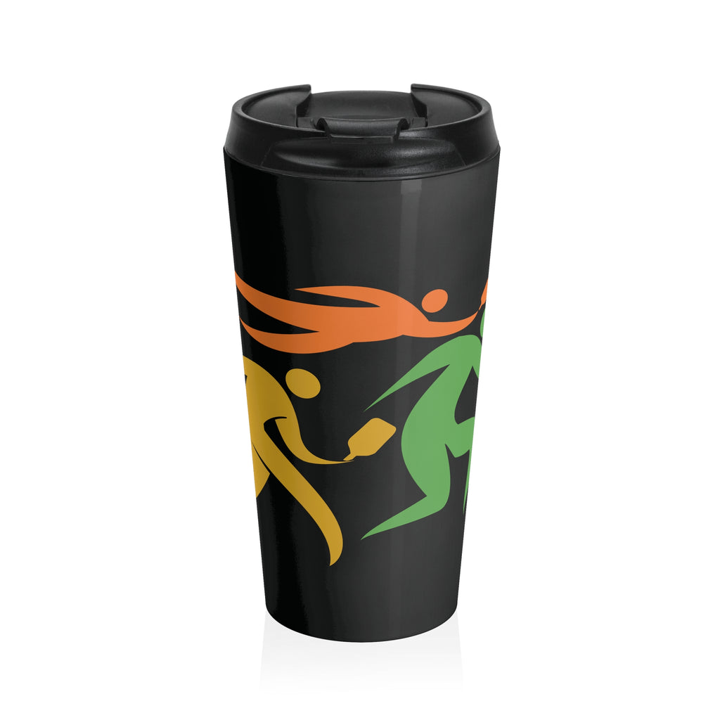 Black travel coffee mug with lid featuring an image of four colorful pickleball player drawings playing pickleball against a white background