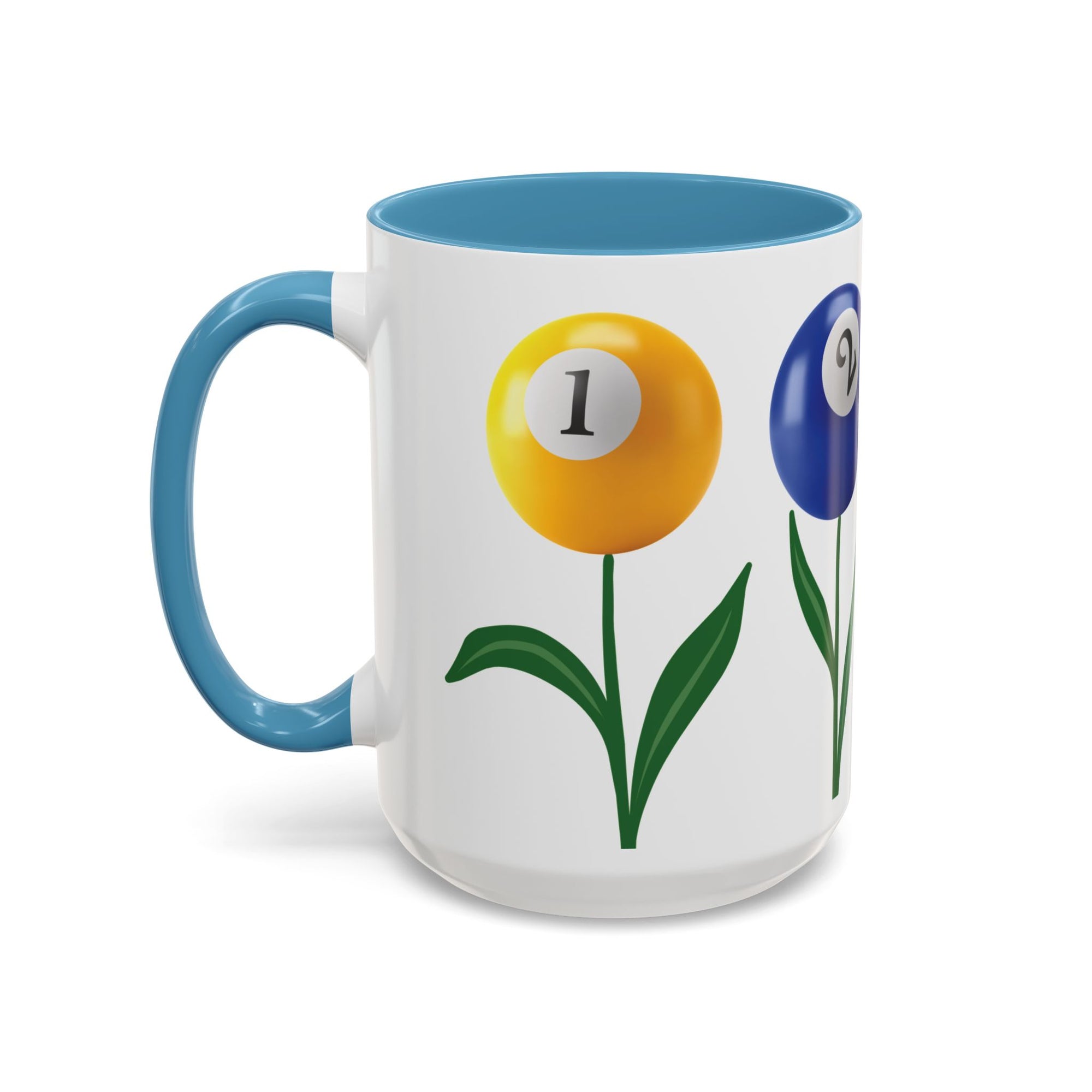 A white ceramic coffee mug with light blue accents on the handle and interior, with four colorful flowers made out of billiards balls with green stems, on a white background