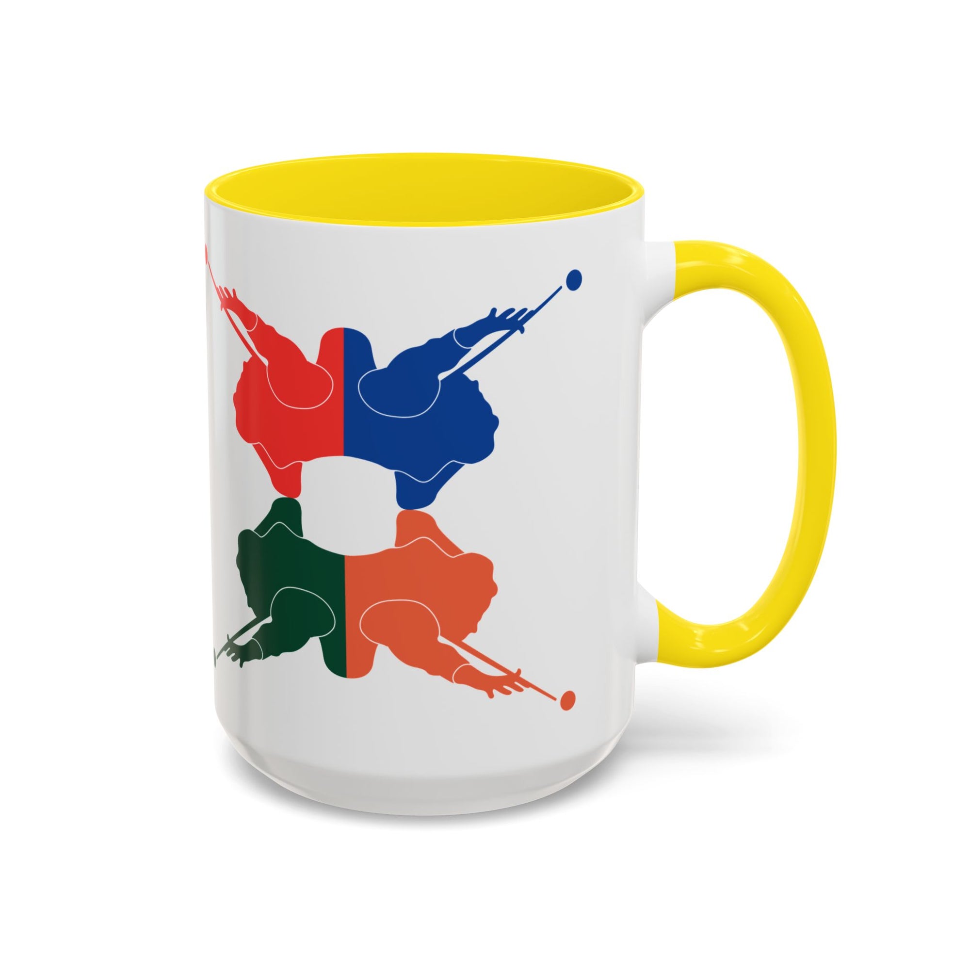 A white ceramic coffee mug with yellow accents on the handle and interior, with colorful graphic of 4 billiards player silhouettes in a pop art style, against a white background