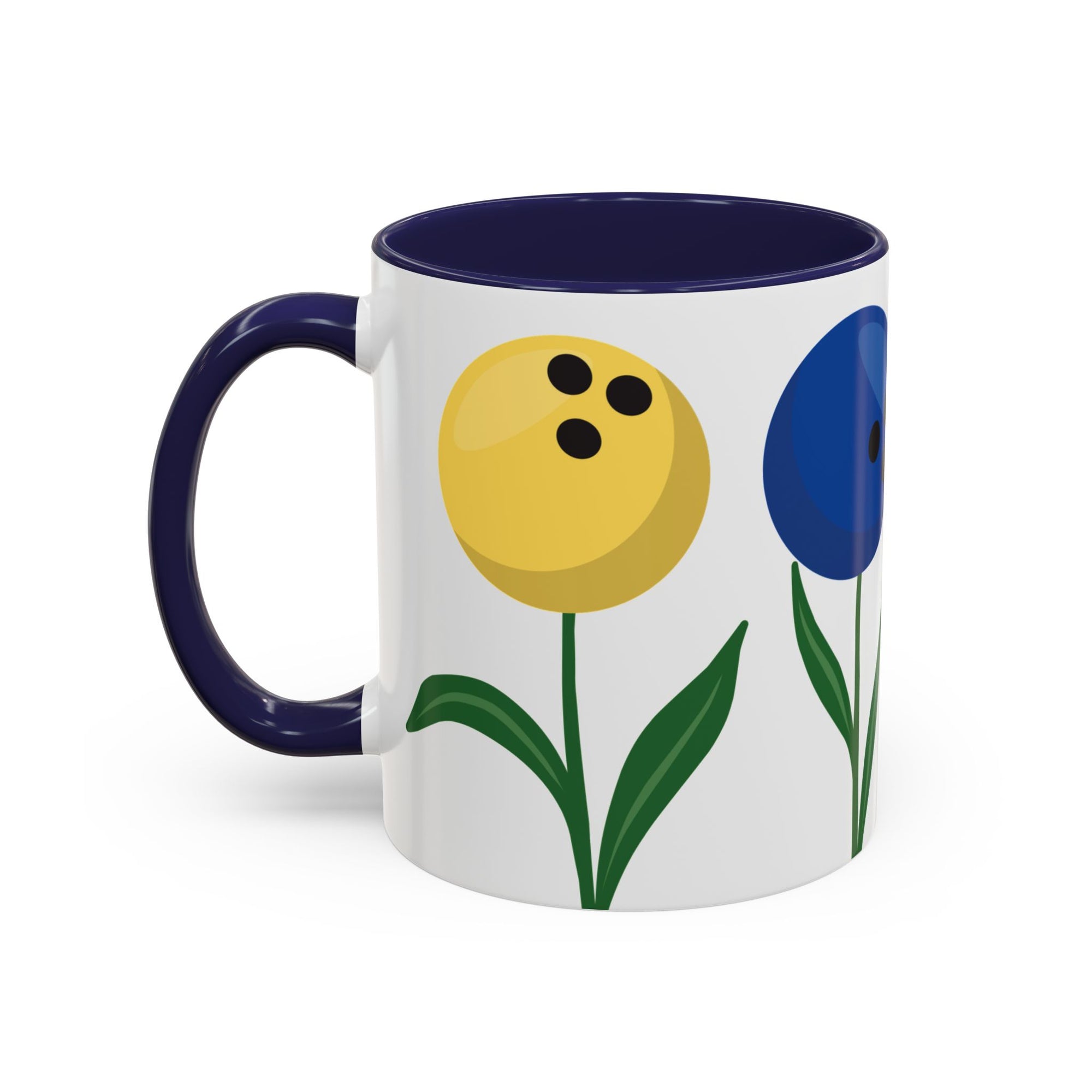 A white ceramic coffee mug with dark blue accents on the handle and interior, with colorful flowers made out of bowling balls, on a white background