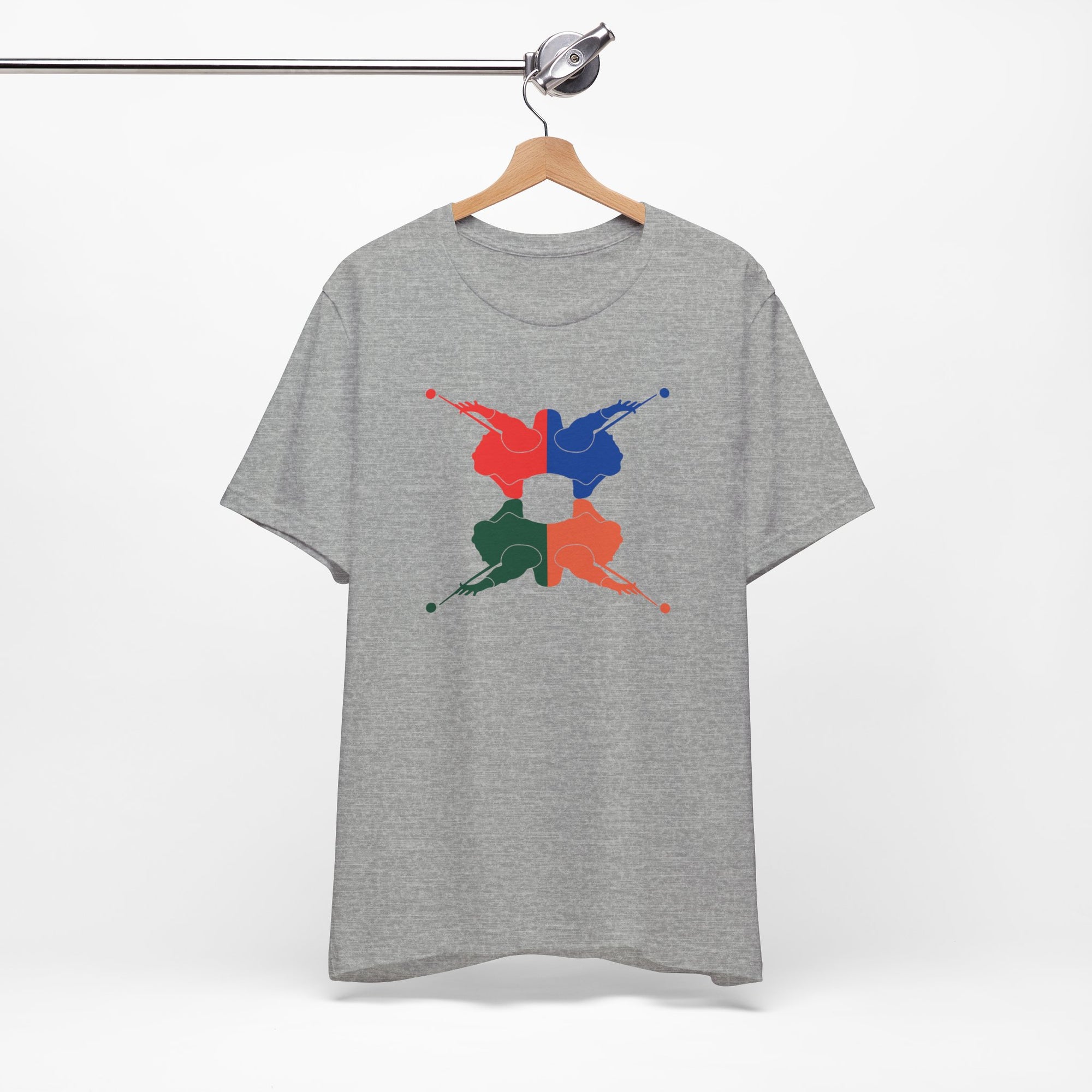Gray t-shirt with colorful graphic of 4 billiards player silhouettes in a pop art style, on a hanger against a white background