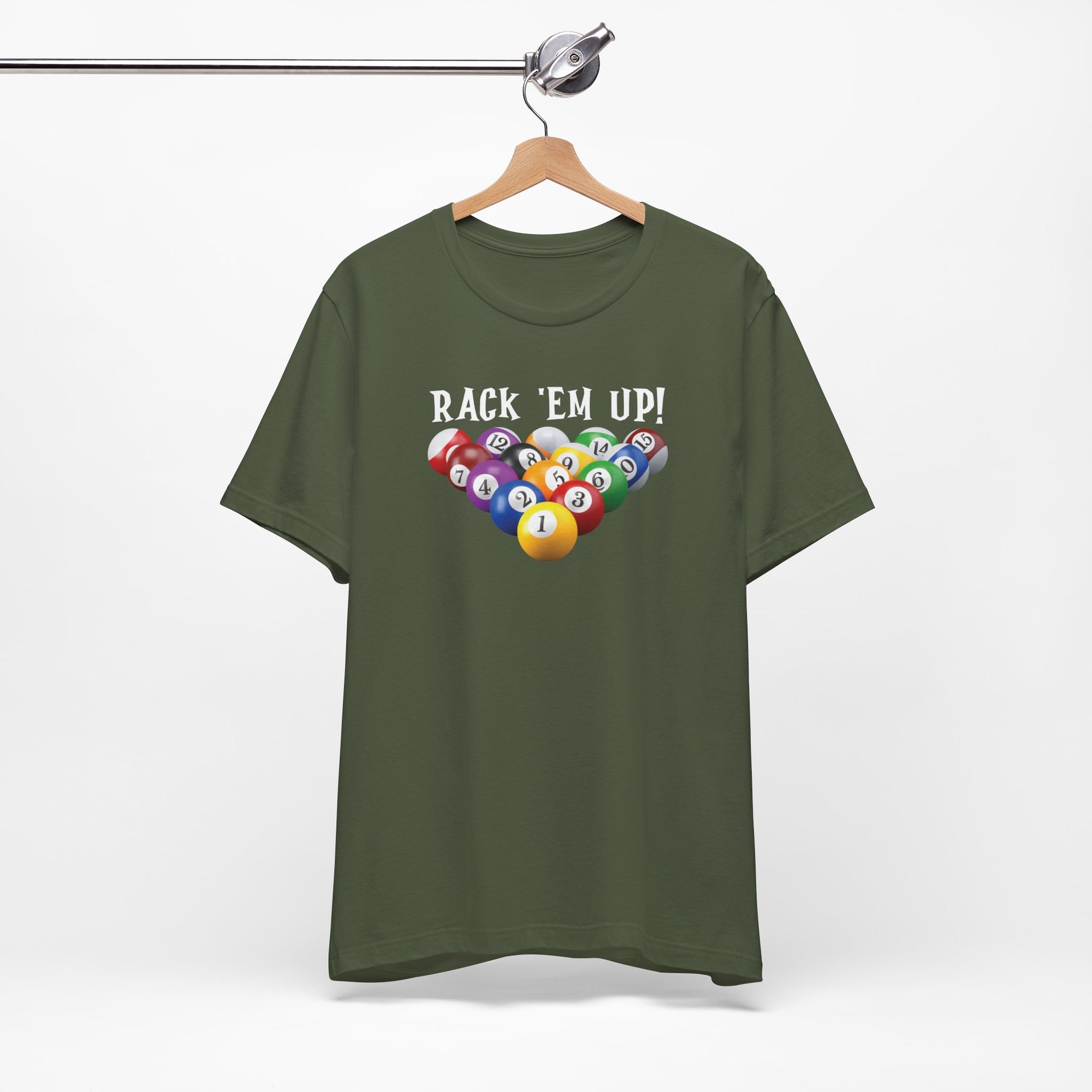Military green t-shirt with racked pool ball design and 'Rack 'Em Up!' text, on a hanger against a white background