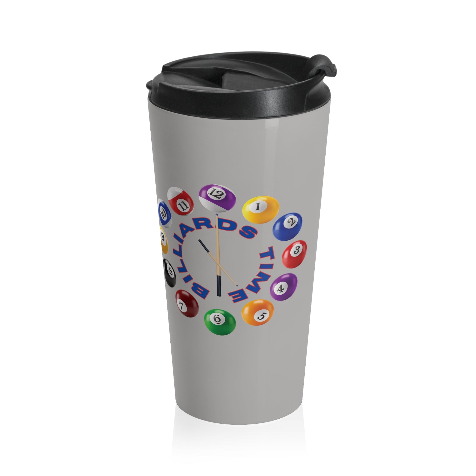 Gray travel tumbler with lid, with the text "Billiards Time" surrounded by a clock made up of colorful billiard balls and cue sticks, on a white background
