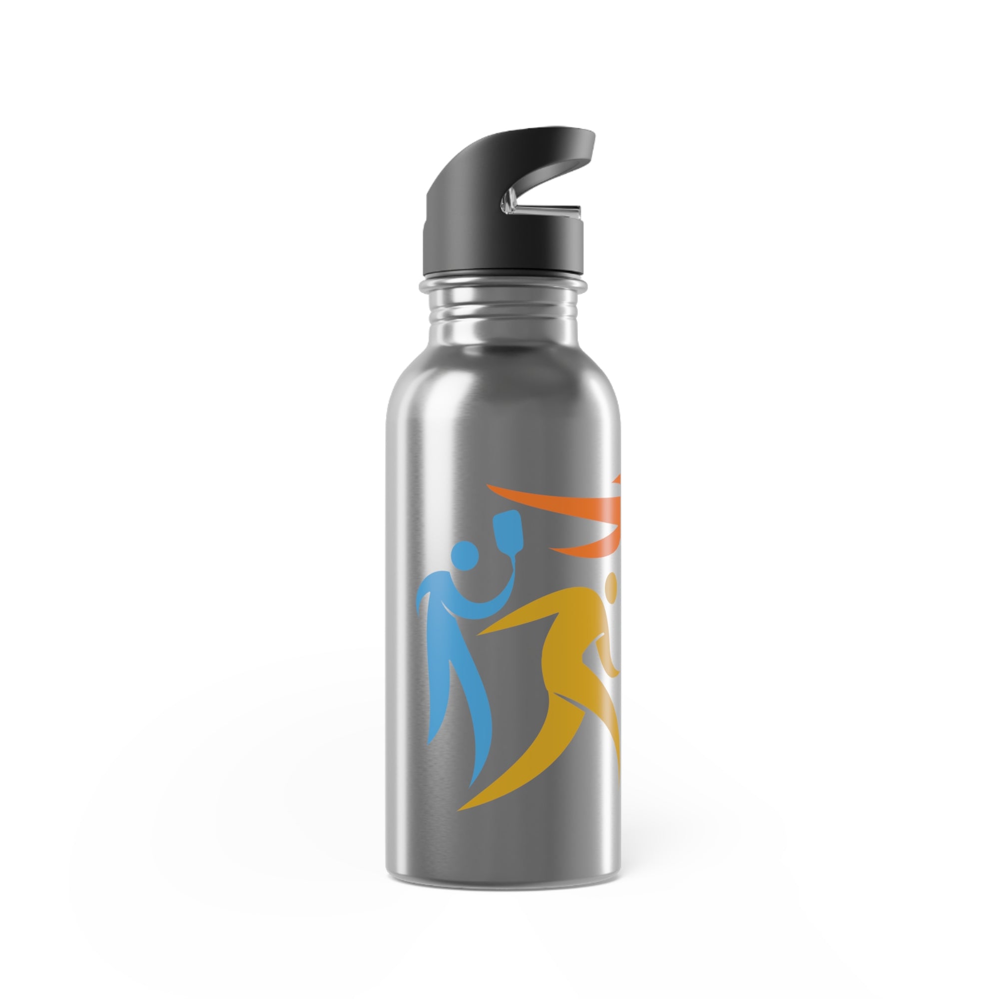 A stainless steel water bottle with lid,  featuring an image of four colorful pickleball player drawings playing pickleball against a white background