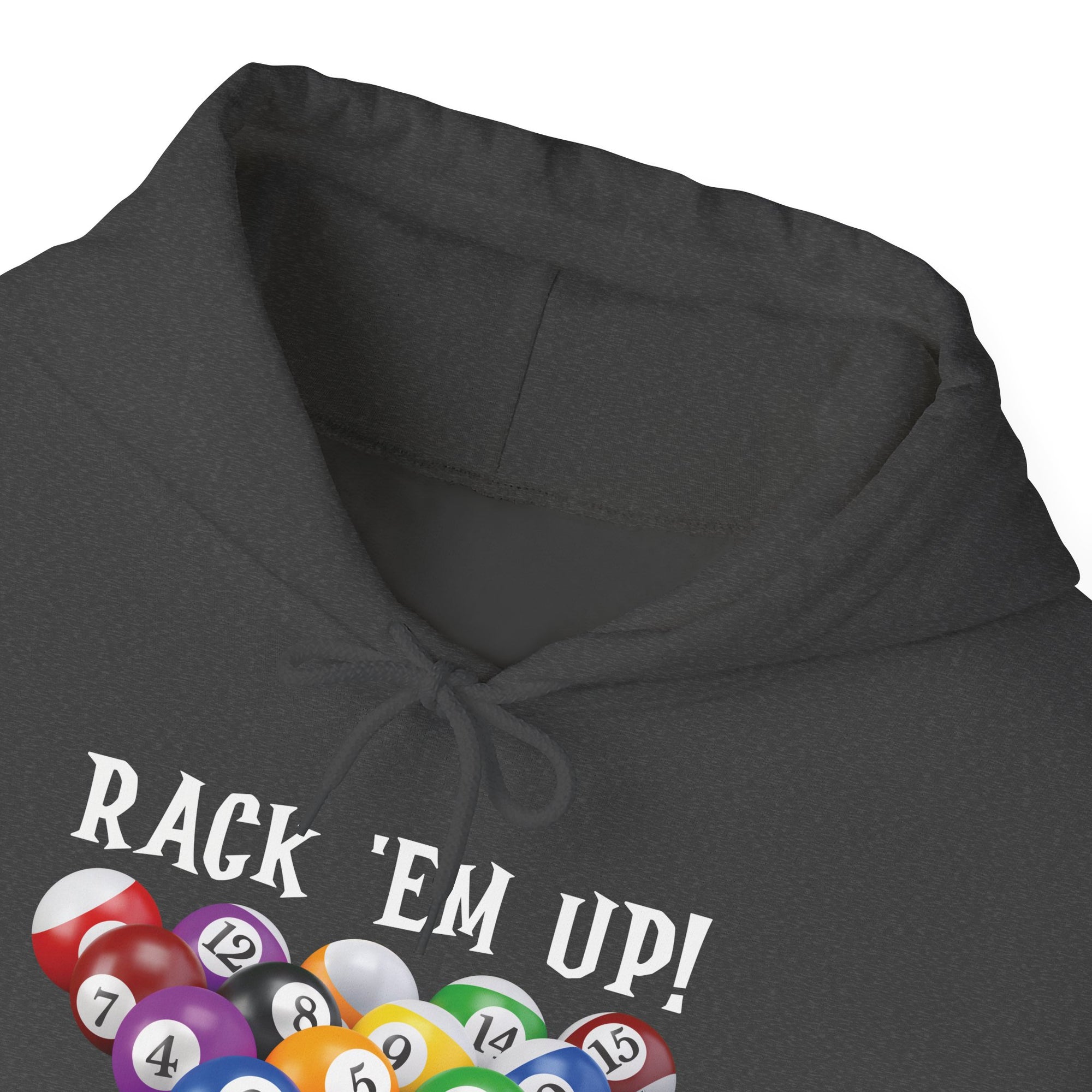 Neckline close-up of a gray hoodie with racked pool ball design and 'Rack 'Em Up!' text, against a white background