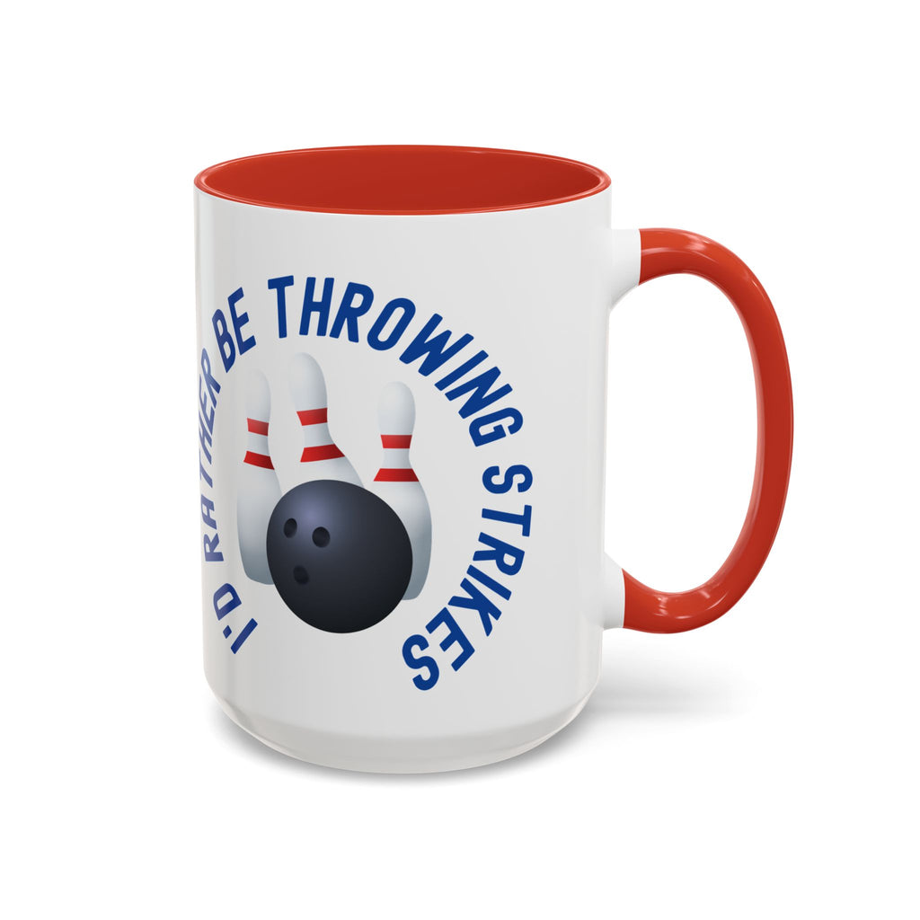 Ceramic coffee mug with red accents on the handle and interior, with bowling pins and a bowling ball and text saying "I'd Rather Be Throwing Strikes" on white background