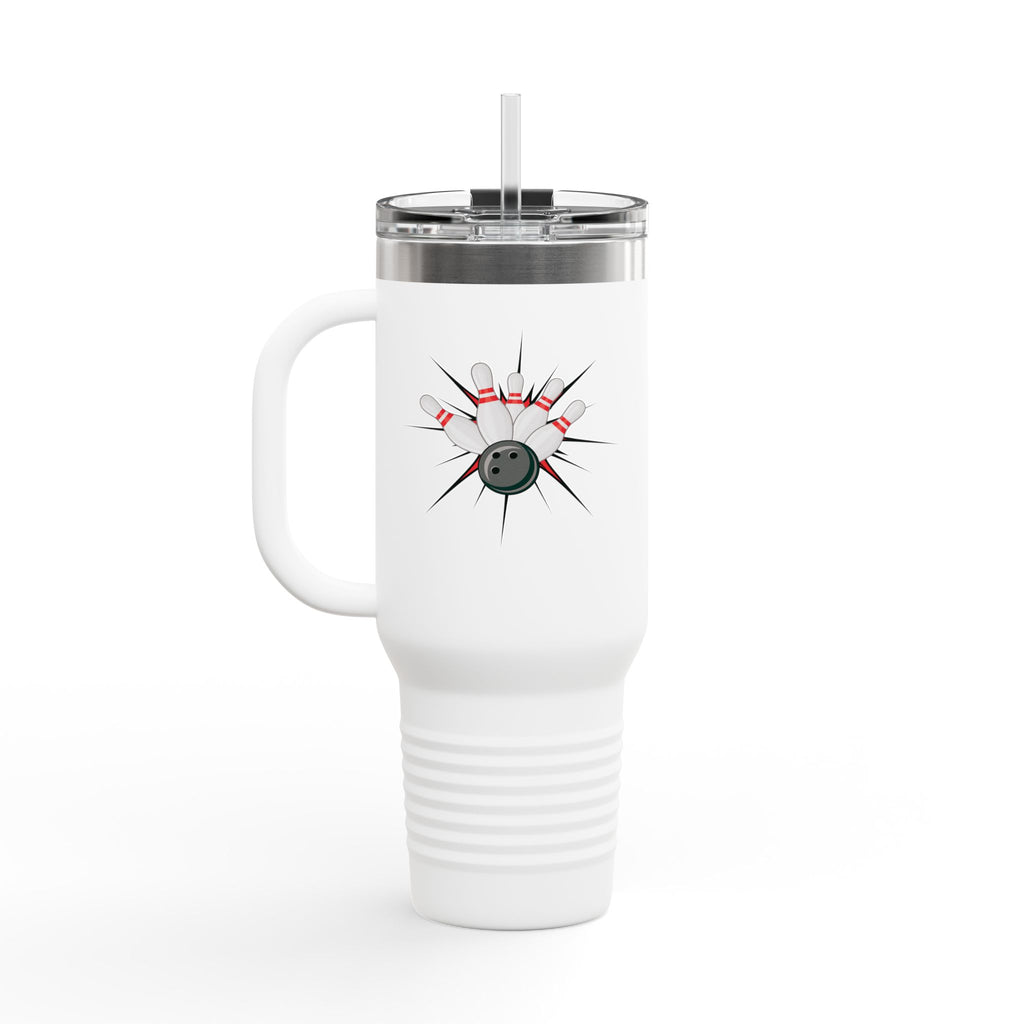 A white 40oz travel mug with handle, lid, and straw, with a graphic design of a bowling ball smashing into pins on a white background
