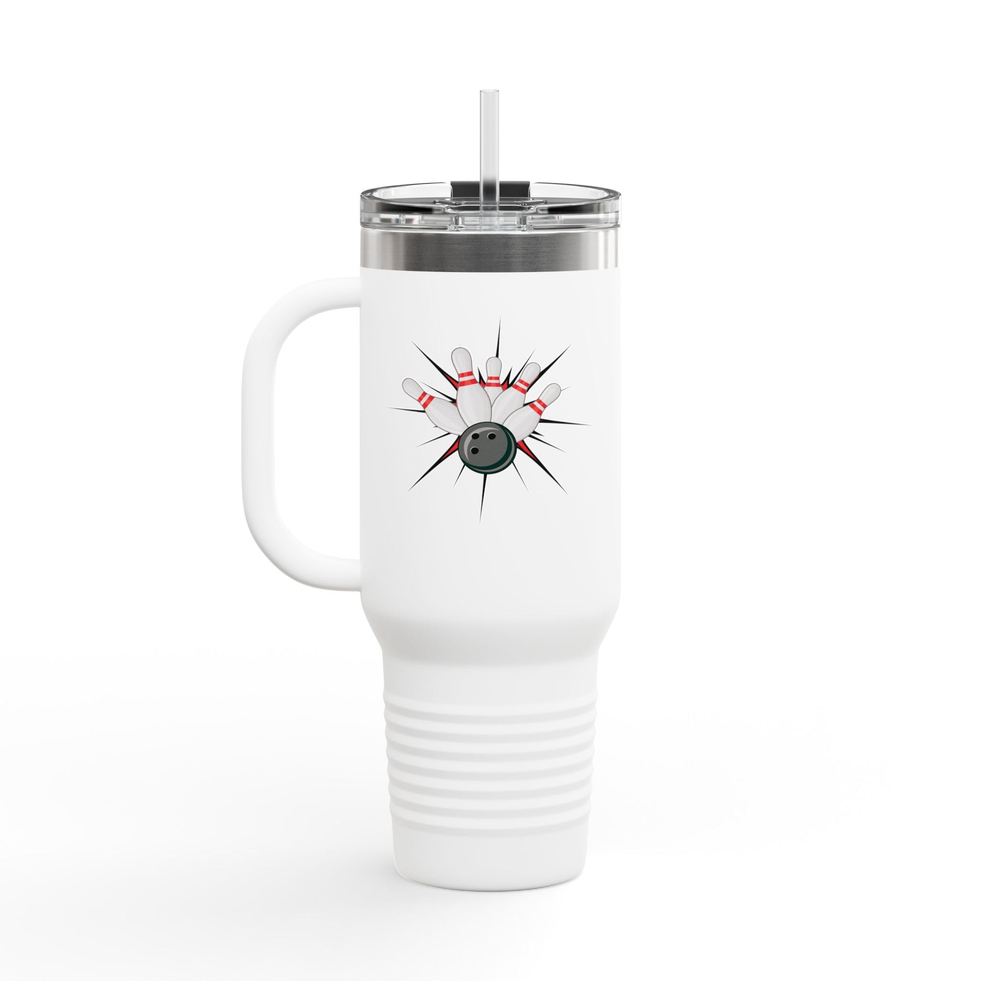 A white 40oz travel mug with handle, lid, and straw, with a graphic design of a bowling ball smashing into pins on a white background