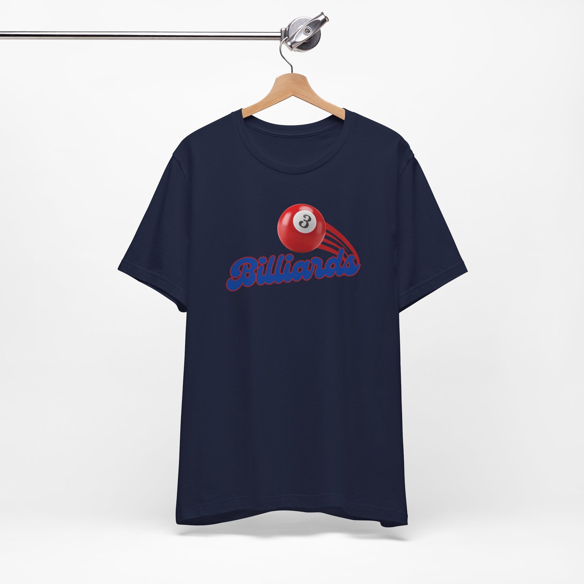 Navy blue t-shirt with billiards ball and text that says "Billiards" on a hanger against a white background