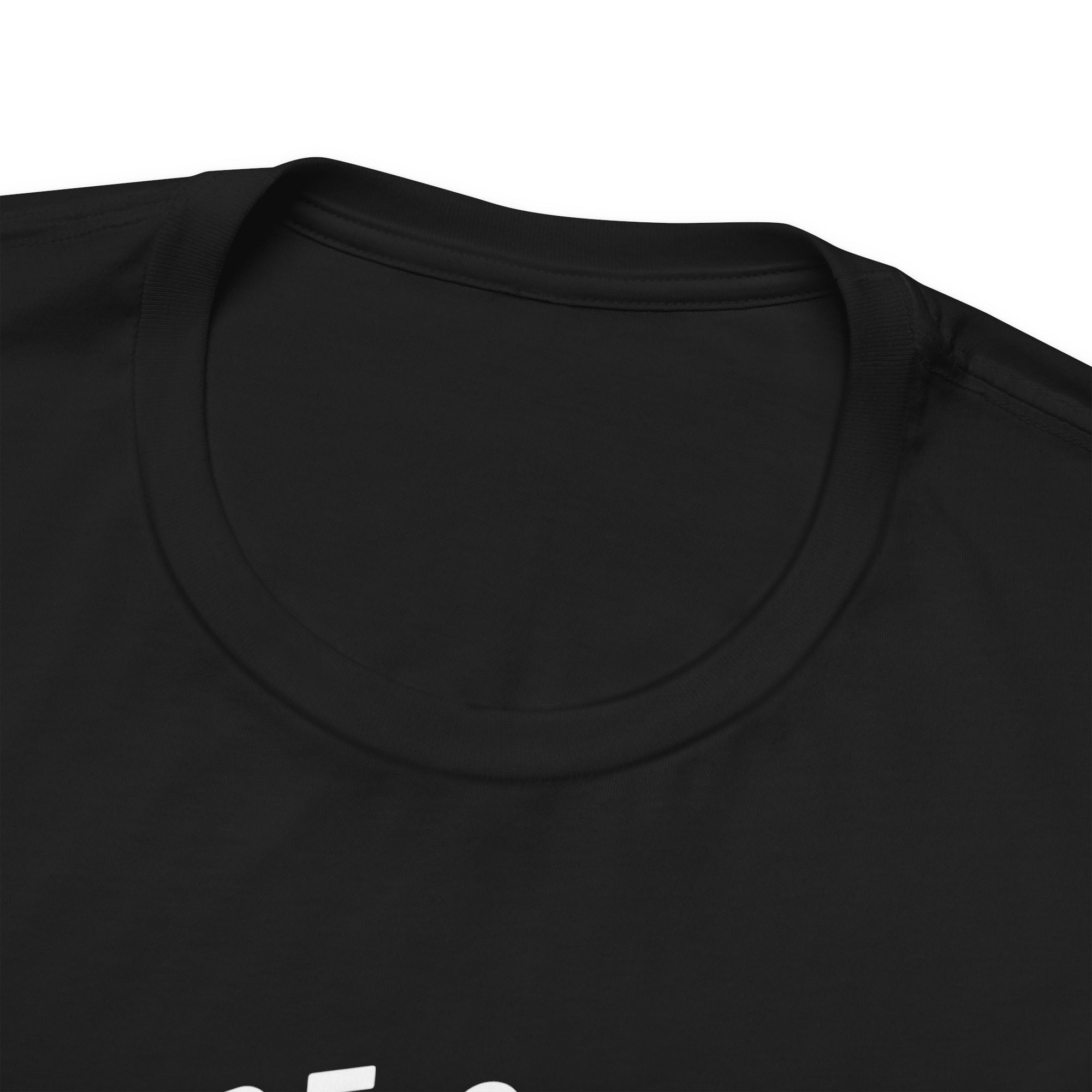 Close-up of a black t-shirt with a logo on a white background