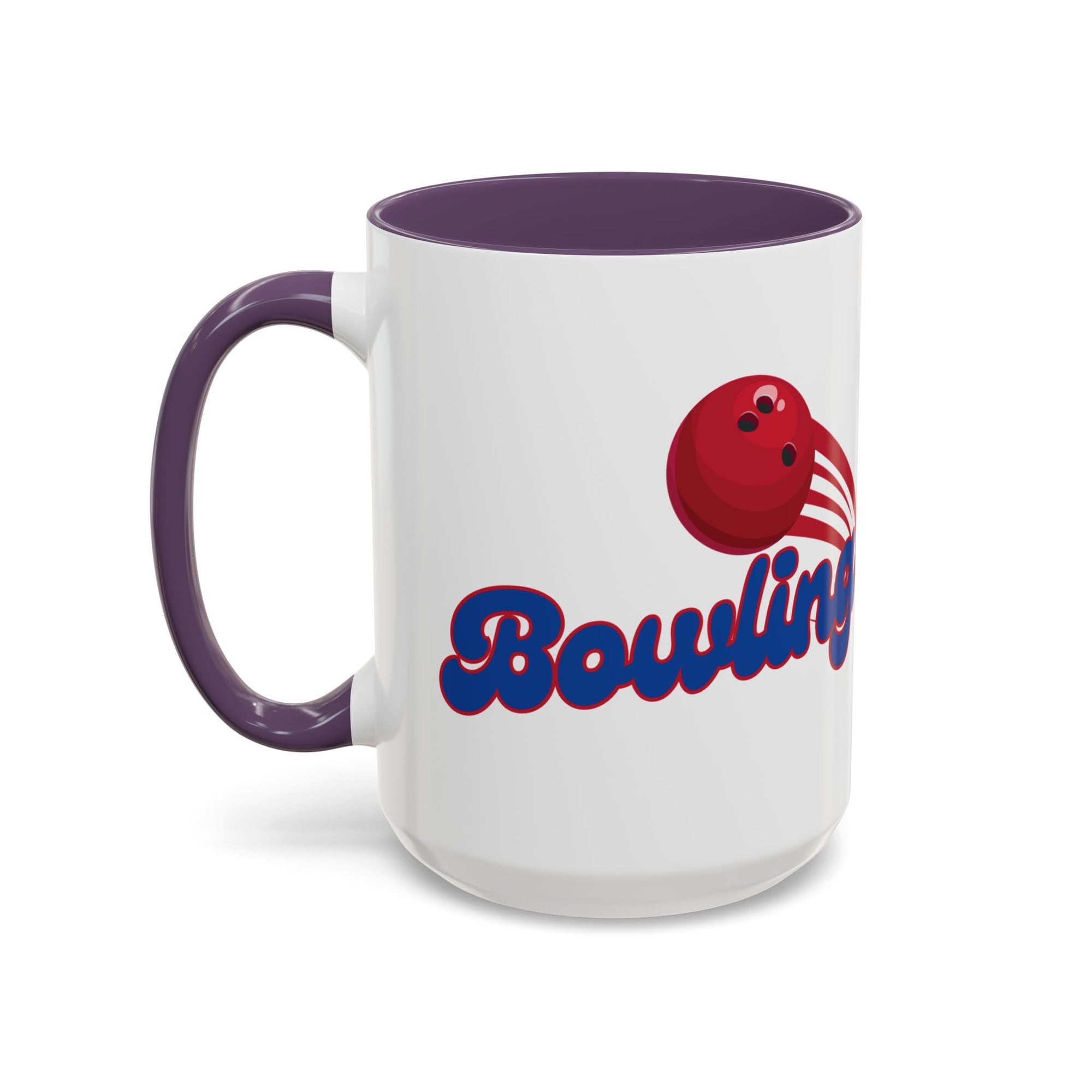 A white ceramic coffee mug with purple accents on the handle and interior, with a red bowling ball graphic and 'Bowling' text on a white background