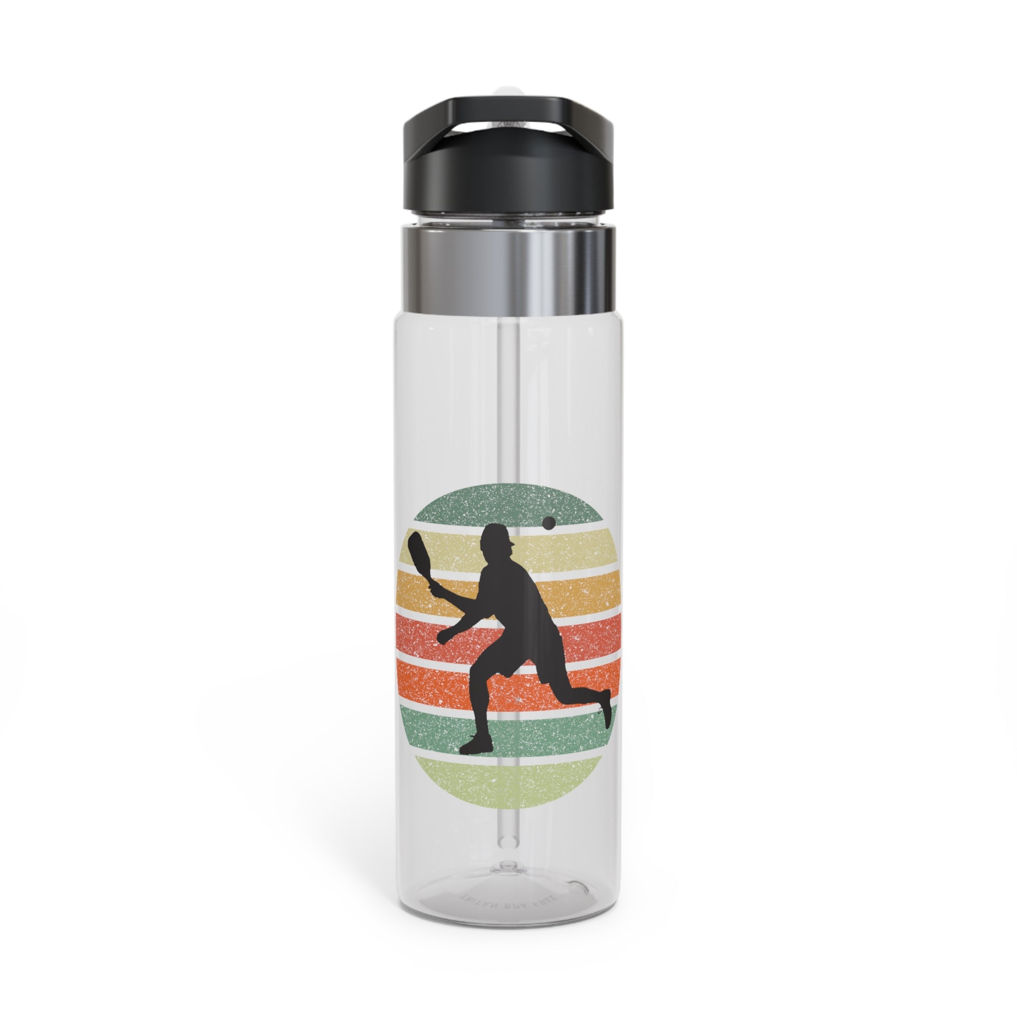 Clear water bottle with a lid and straw featuring a colorful graphic of a silhouette of a pickleball  player on a colorful retro background