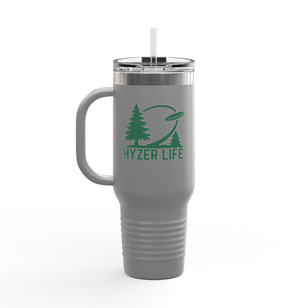 Gray 40oz travel mug with lid and straw with green graphic of trees and a disc golf flying with the words 'HYZER LIFE' below the image, on a white background