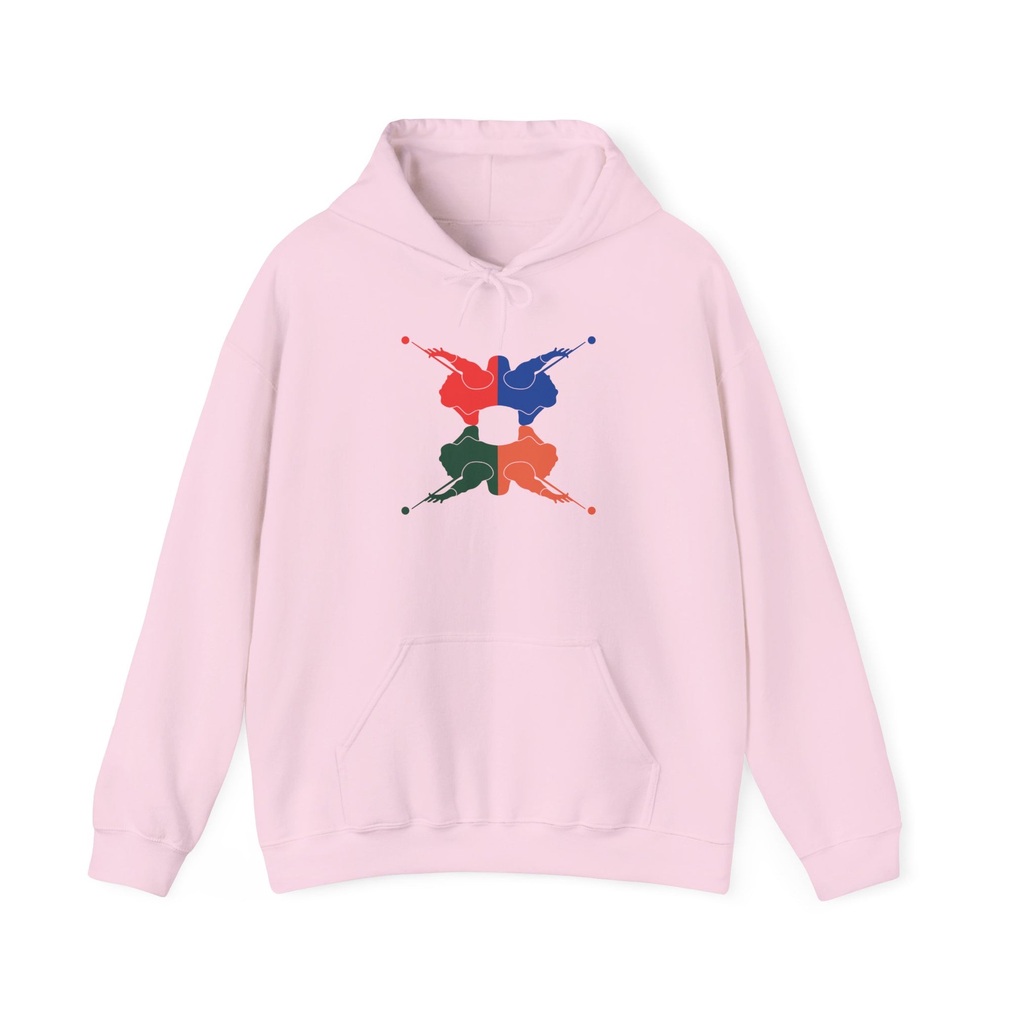 Pink hoodie with colorful graphic of 4 billiards player silhouettes in a pop art style, against a white background