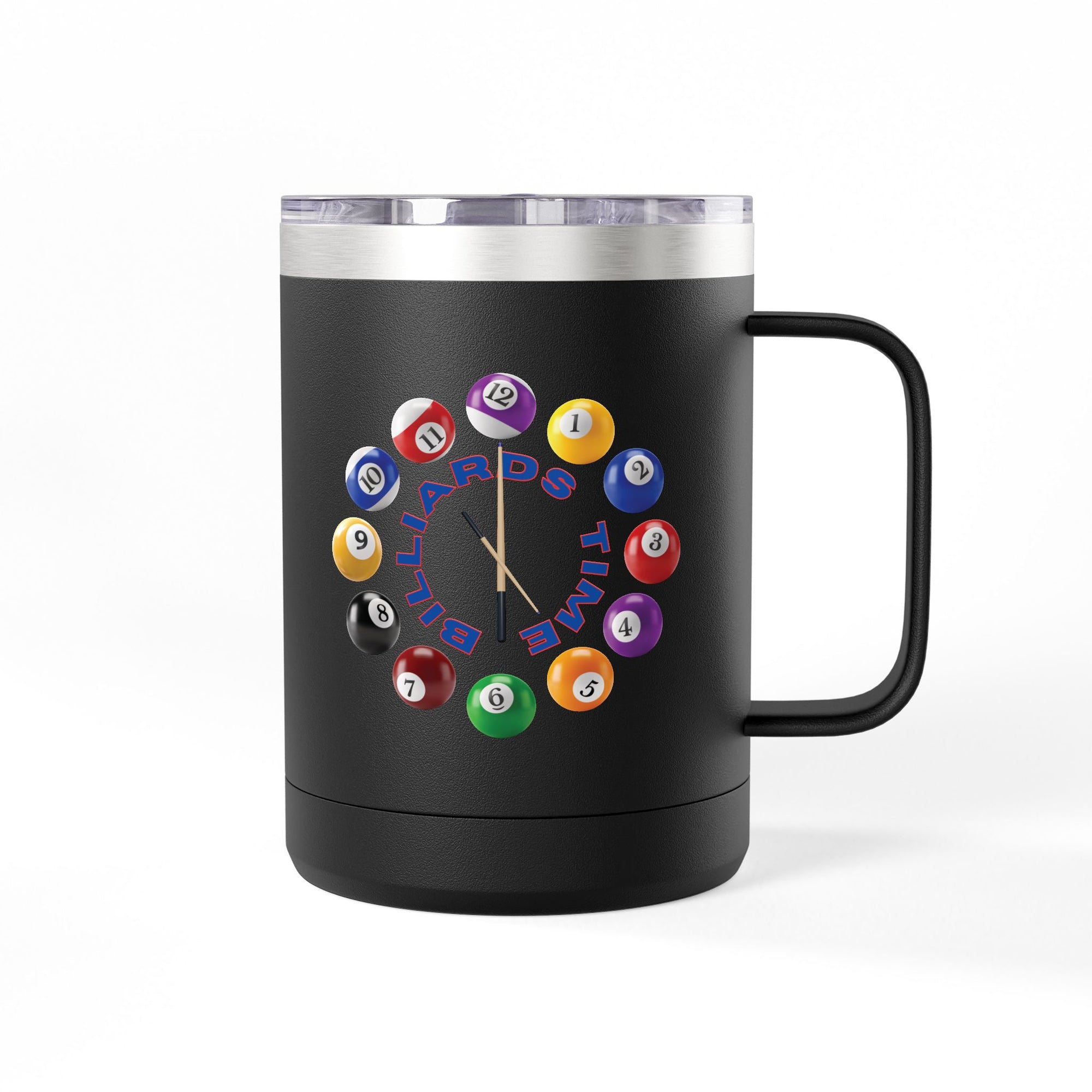 Black travel coffee mug tumbler with a lid, with the text "Billiards Time" surrounded by a clock made up of colorful billiard balls and cue sticks, on a white background