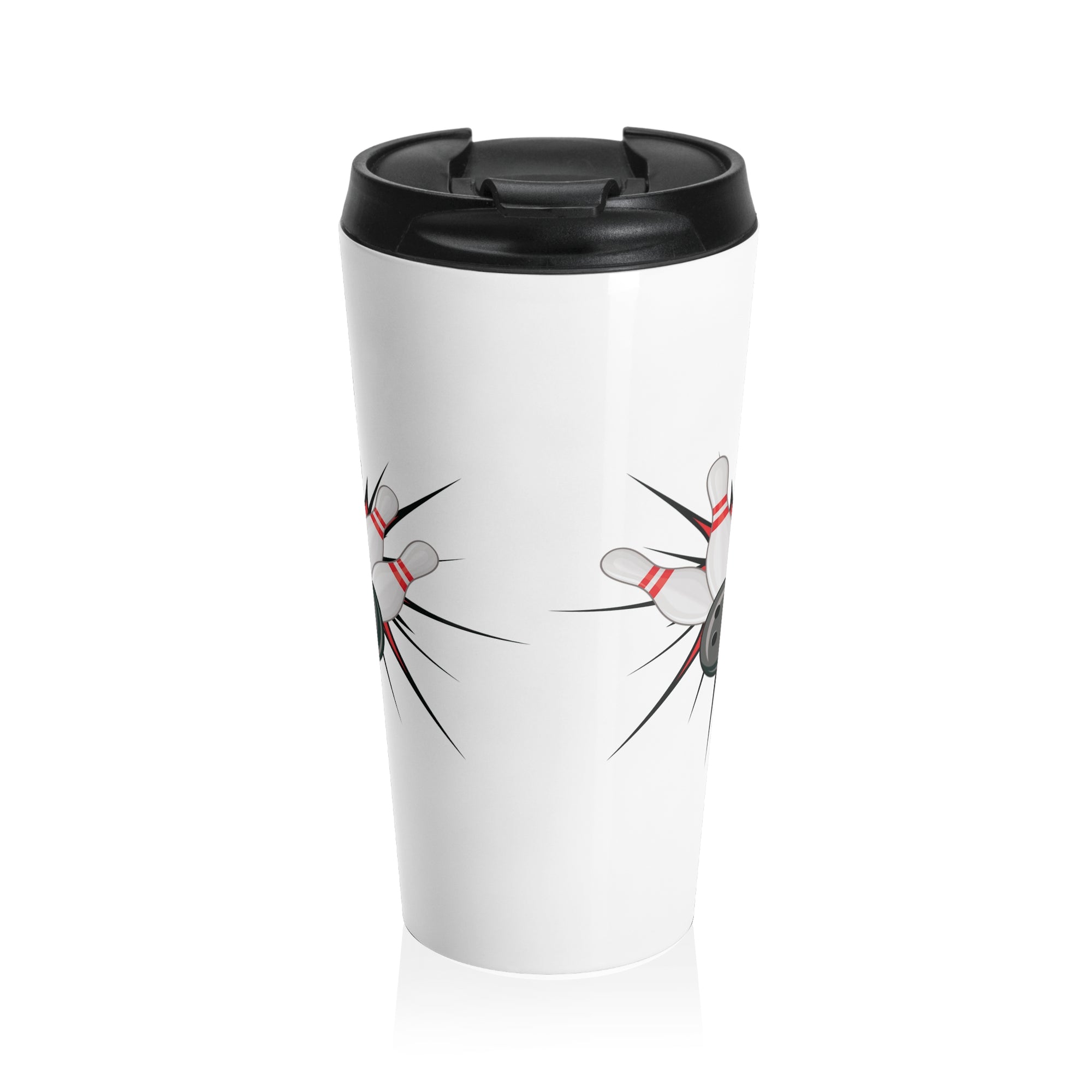 A white travel mug with a black lid, with a graphic design of a bowling ball smashing into pins on a white background