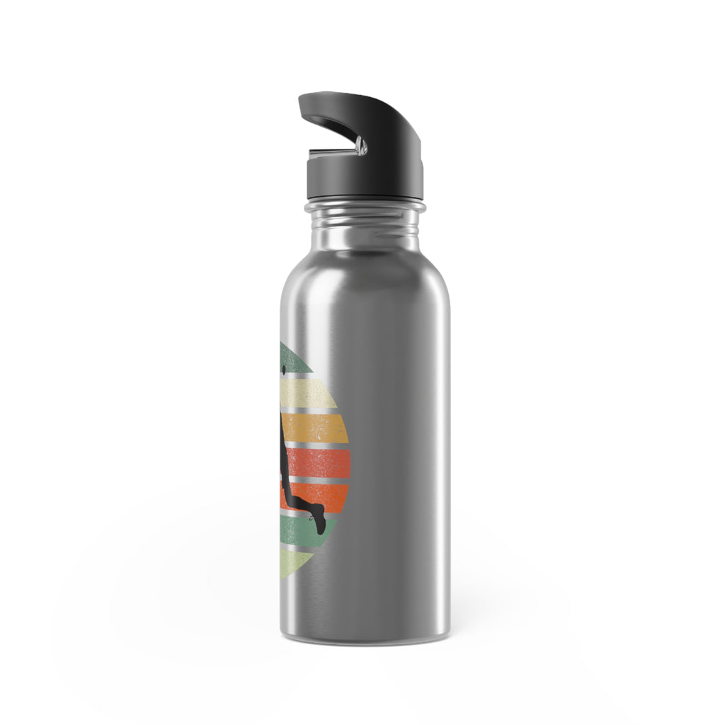Side view of a stainless steel water bottle with a graphic of a silhouette of a pickleball player over a retro colorful background on a white background