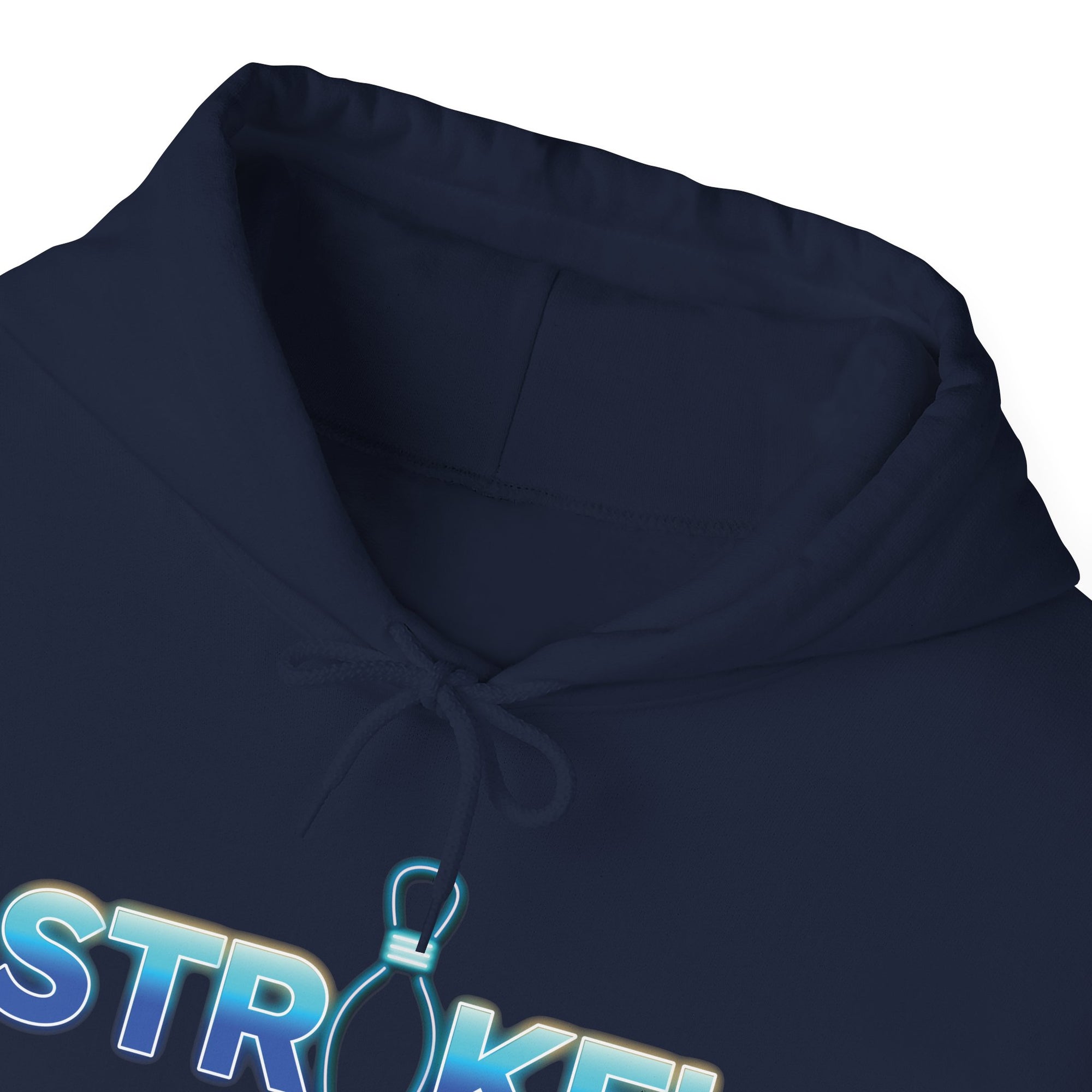 Close-up neckline view of a navy blue bowling hoodie with 'STRIKE!' with the "I" replaced by a bowling pin, on a white background 