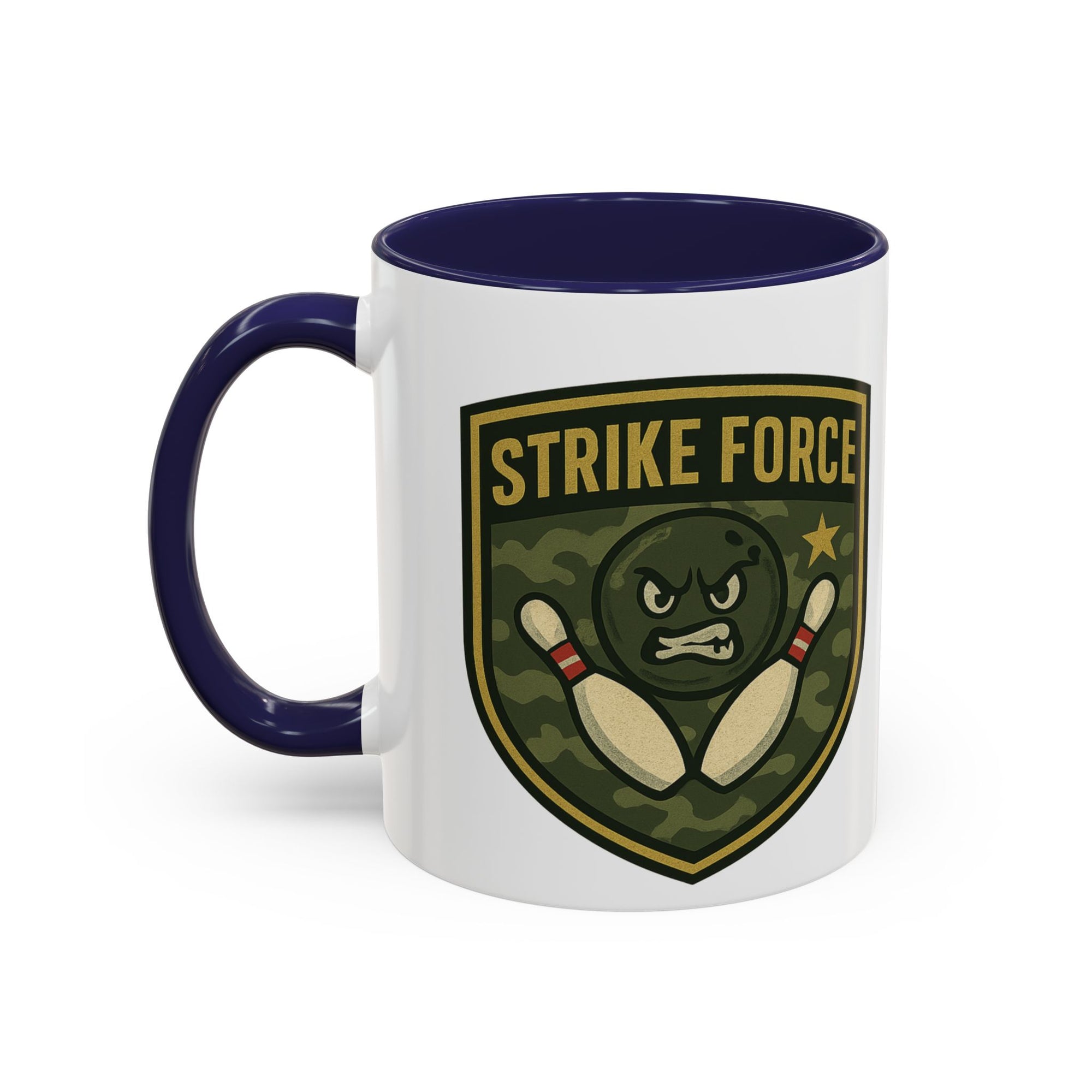 A white ceramic coffee mug with dark blue accents on the handle and interior, with bowling 'Strike Force' military-style patch on a white background